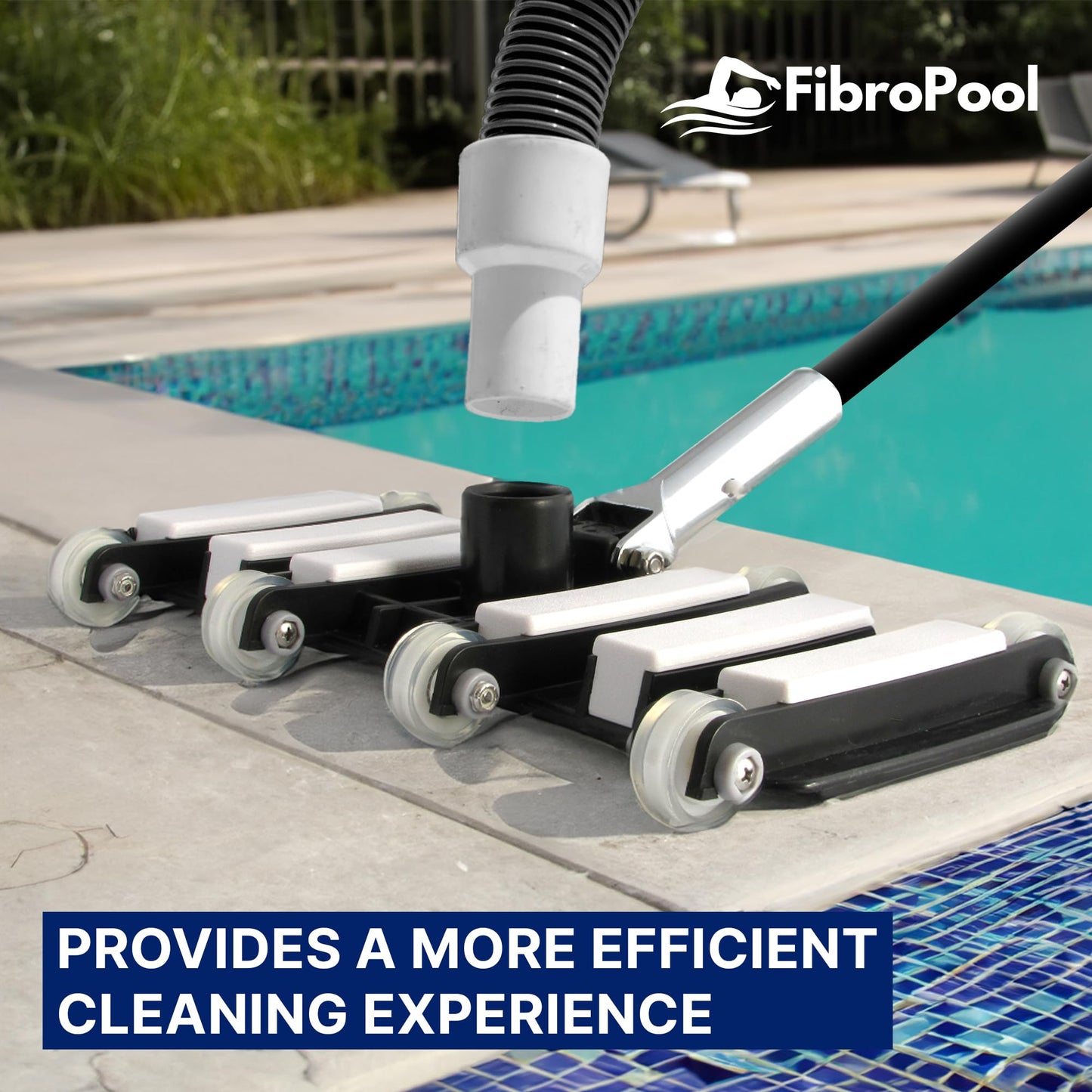 FibroPool Professional Flexible Pool Vacuum Head for Above Ground and In Ground Pools - Chrome-Plated Handle for Standard Poles, Durable Urethane Wheels, Easy Maneuvering Pool Cleaner Hose Head