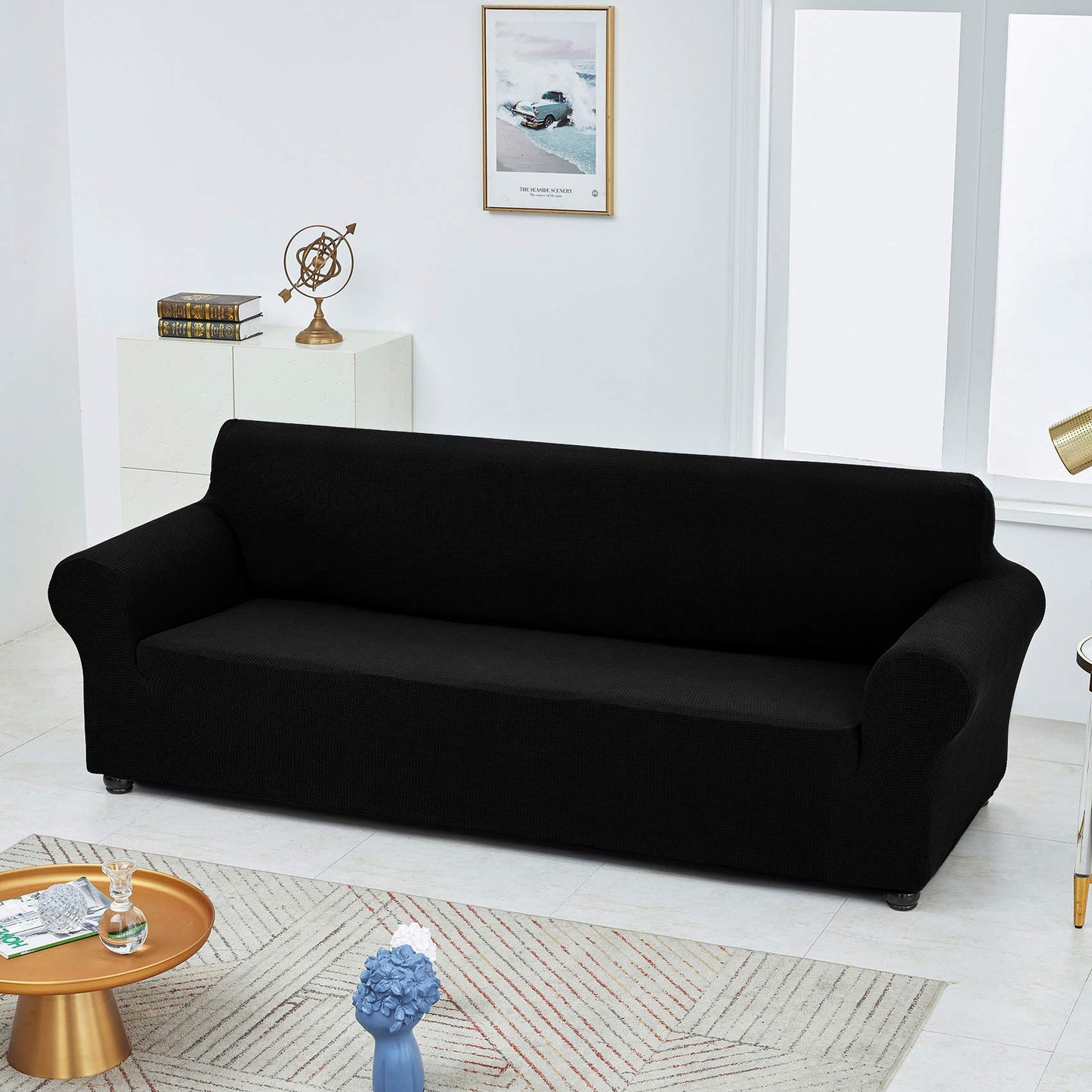 Joccun Stretch Couch Cover Slipcovers, 1-Piece Sofa Covers for 3 Cushion Couch Spandex Jacquard Washable Furniture Protector Cover for Living Room,Kids,Pets(Sofa,Black)