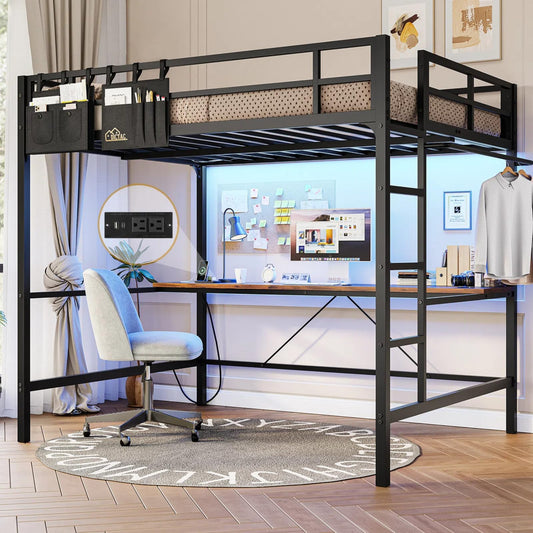 DICTAC Loft Bed Full Size with Desk and Led Lights Full Metal Loft Bed with Charging Station Full Size Metal Bed Frame with Safety Guard & Ladder, Space-Saving,No Noise,No Box Spring Needed, Black