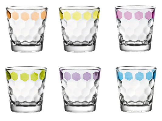 Barski Glass - Set of 6 - Tumblers - with Octagon Design Shape - Color Band - Asst Colors - 12.5 Oz. - Made in Europe