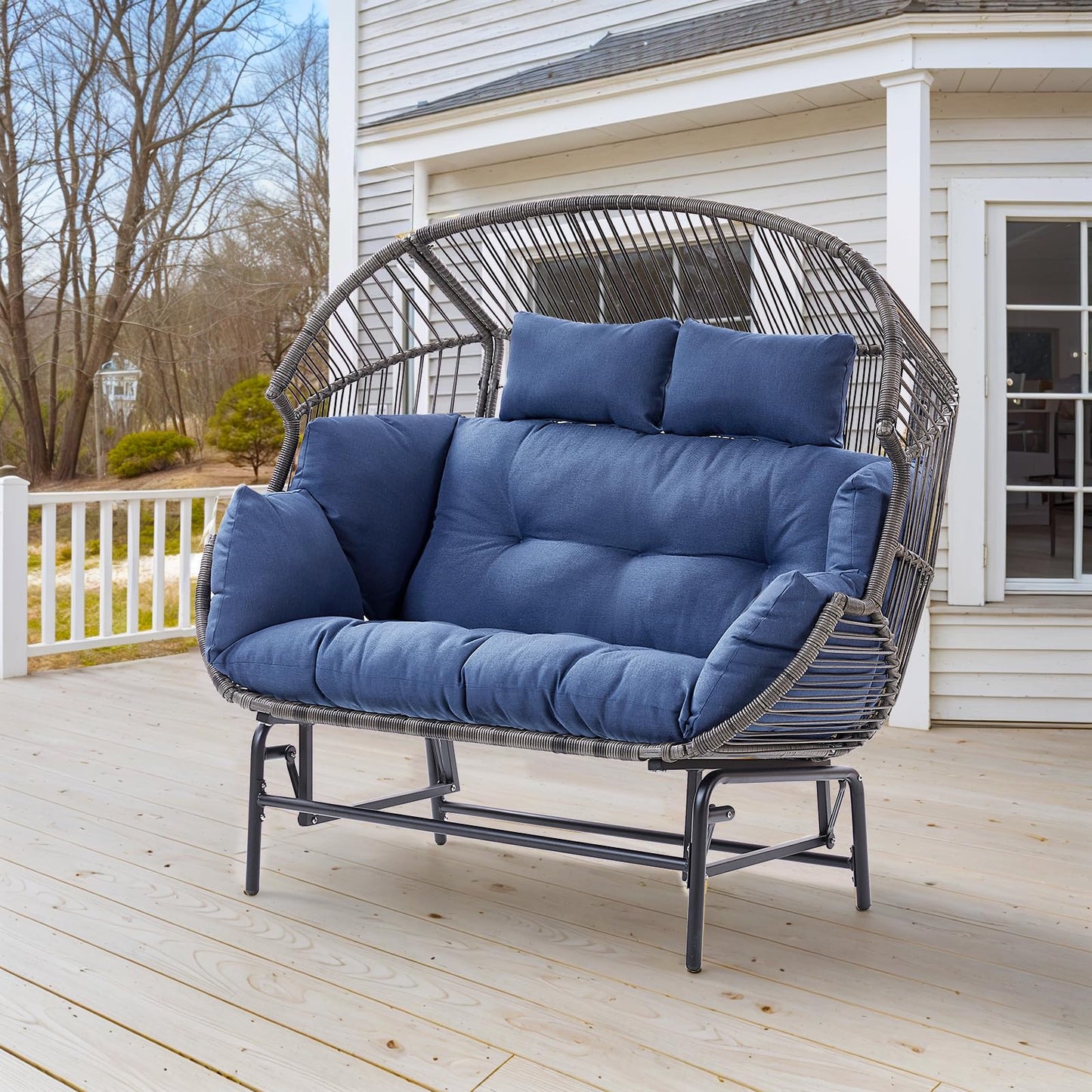 Belord Double Egg Chair Outdoor Glider Loveseat, 550LBS Weight Capacity Wicker Patio Rocking Egg Chairs, Handwoven Rattan Porch Furniture Glider Loveseat for Patio Deck Balcony Sunroom