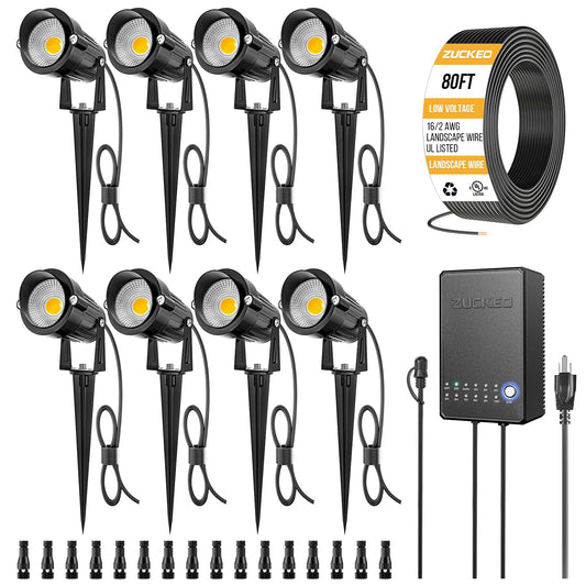 ZUCKEO All-in-One Landscape Lighting Kit, 5W LED Low Voltage Landscape Lights with Transformer and 80FT Wire, Waterproof Outdoor Spotlight with Connectors for Yard Garden House, 3000K 12-24V 8Pack