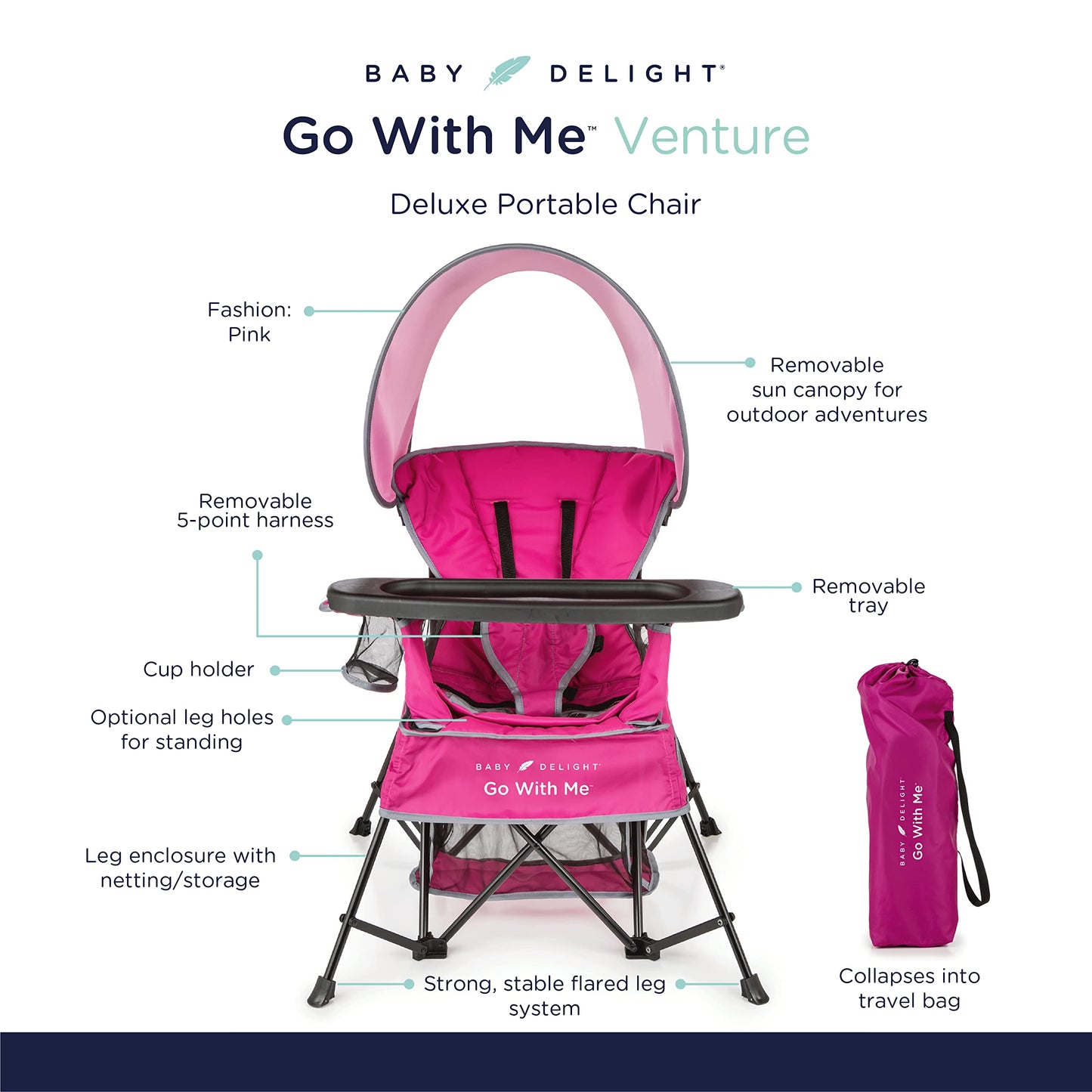 Baby Delight Go with Me Venture Portable Chair Bundle with Canopy, Snack Tray | for Indoor & Outdoor Use | Adjustable Pink & Green Styles | Fits Children up to 8 Years Old