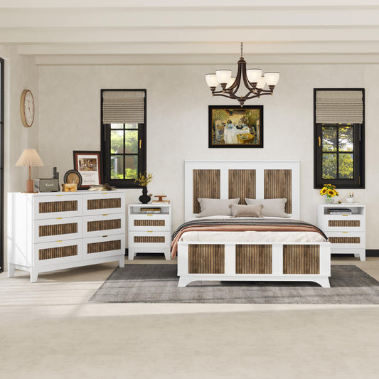 Harper & Bright Designs 4-Pieces Bedroom Sets, Full Size Platform Bed with 2 Nightstands and A 6-Drawer Dresser, Full Size Bedroom Set with Wooden Strip Decoration, White