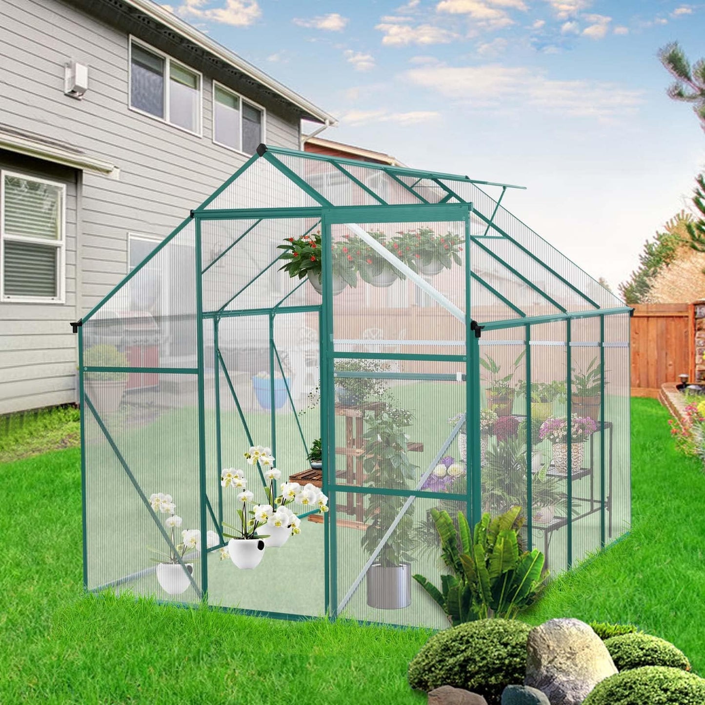 LUSPAZ 6x8 FT Outdoor Patio Greenhouse, Adjustable Roof Vent abd Rain Gutter for Plants, Clear Polycarbonate Panels Greenhouse, Garden Greenhouse for Winter Garden Backyard