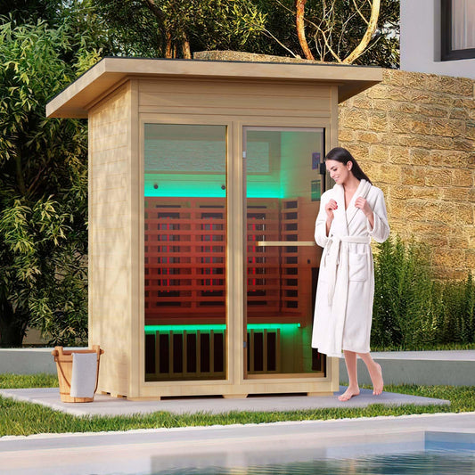 SAUNAERA Infrared Sauna, Full-Spectrum Infrared Outdoor Saunas for Home - Dry Heat Sauna, Wooden Sauna Room with Beauty Lamp (Outdoor Sauna 2 Person)