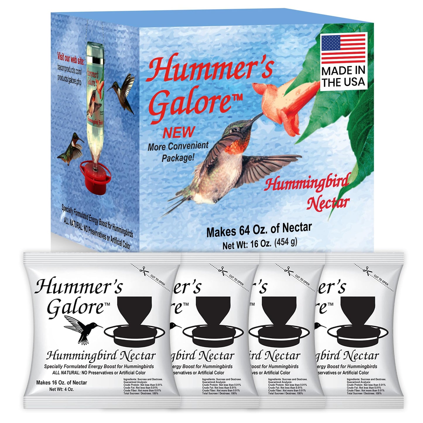 Hummer's Galore Hummingbird Food - Ready-to-Mix Hummingbird Nectar, All-Natural Nectar Collector Formula, No Preservatives or Dyes, Makes 64 Ounces (4 Packets Included)