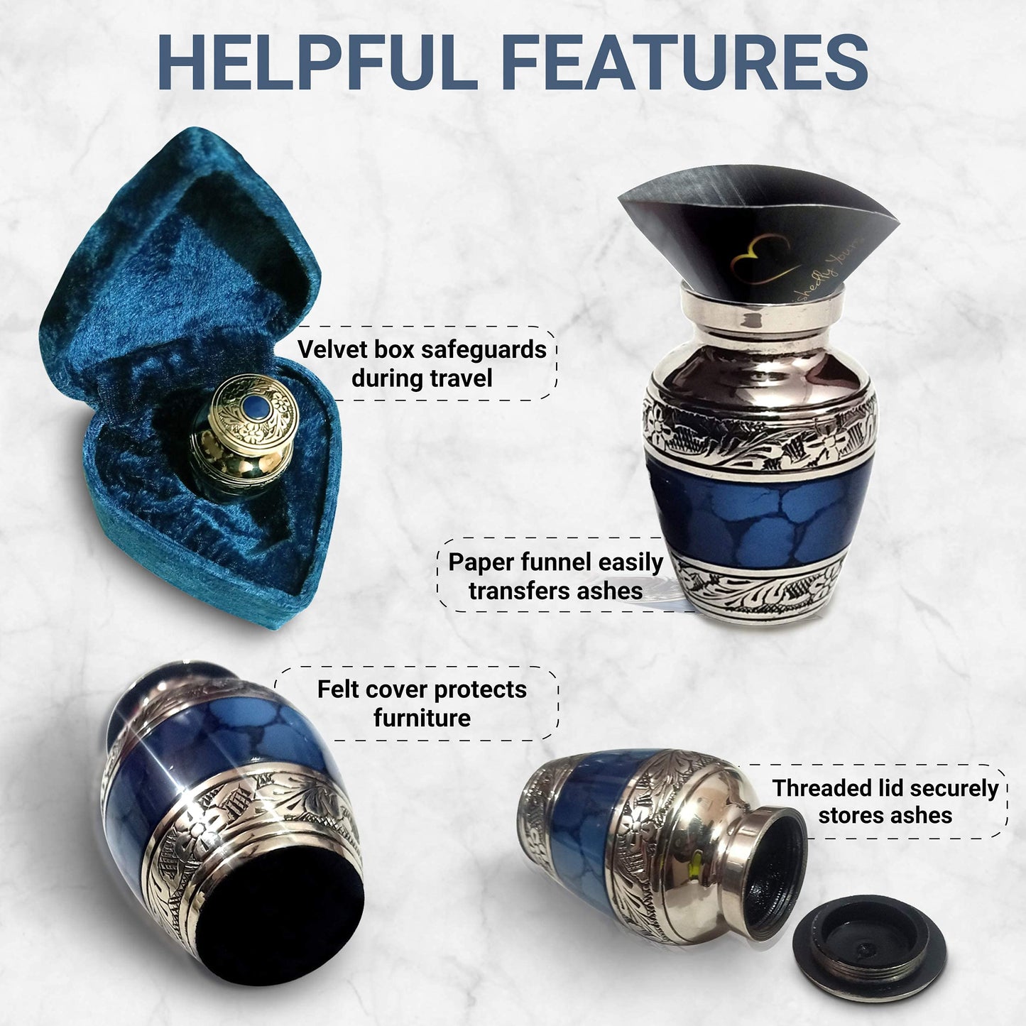 Small Keepsake Cremation Urns for Human Ashes with Velvet Heart Case and Funnel - Beautiful Peaceful Dark Blue Brass Hand Engraved Mini Memorial Urn