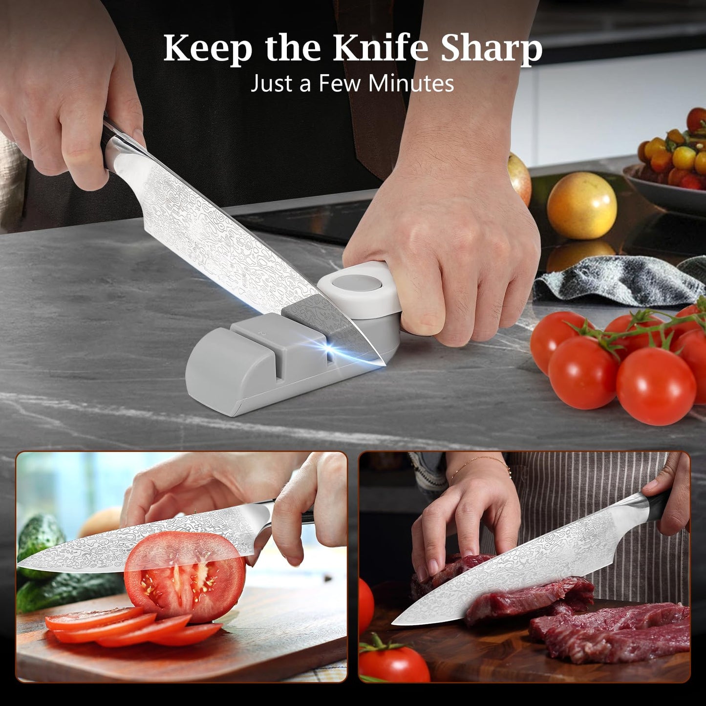 BULOFE 8" Professional Chef Knife, Super Sharp Chef's Knife with Finger Guard and Knife Sharpener, High Stainless Steel with Ergonomic Handle