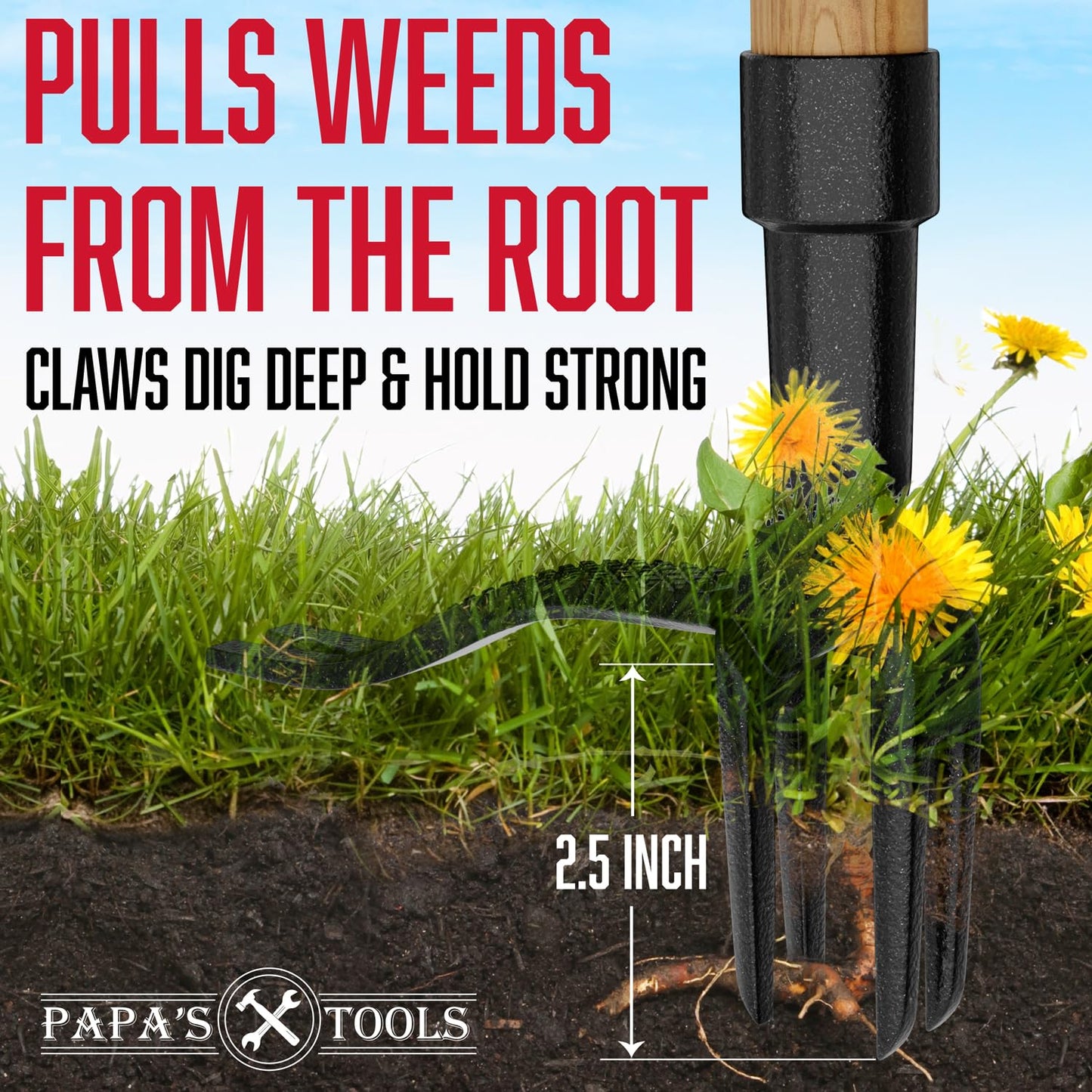 Papa's Tools Weeder - Stand Up Weed Puller Tool Made with Long Wooden Handle - Real Bamboo & 4-Claw Steel Head - Easily Remove Weeds Effortlessly Without The Need to Tug, Bend, Or Flex,