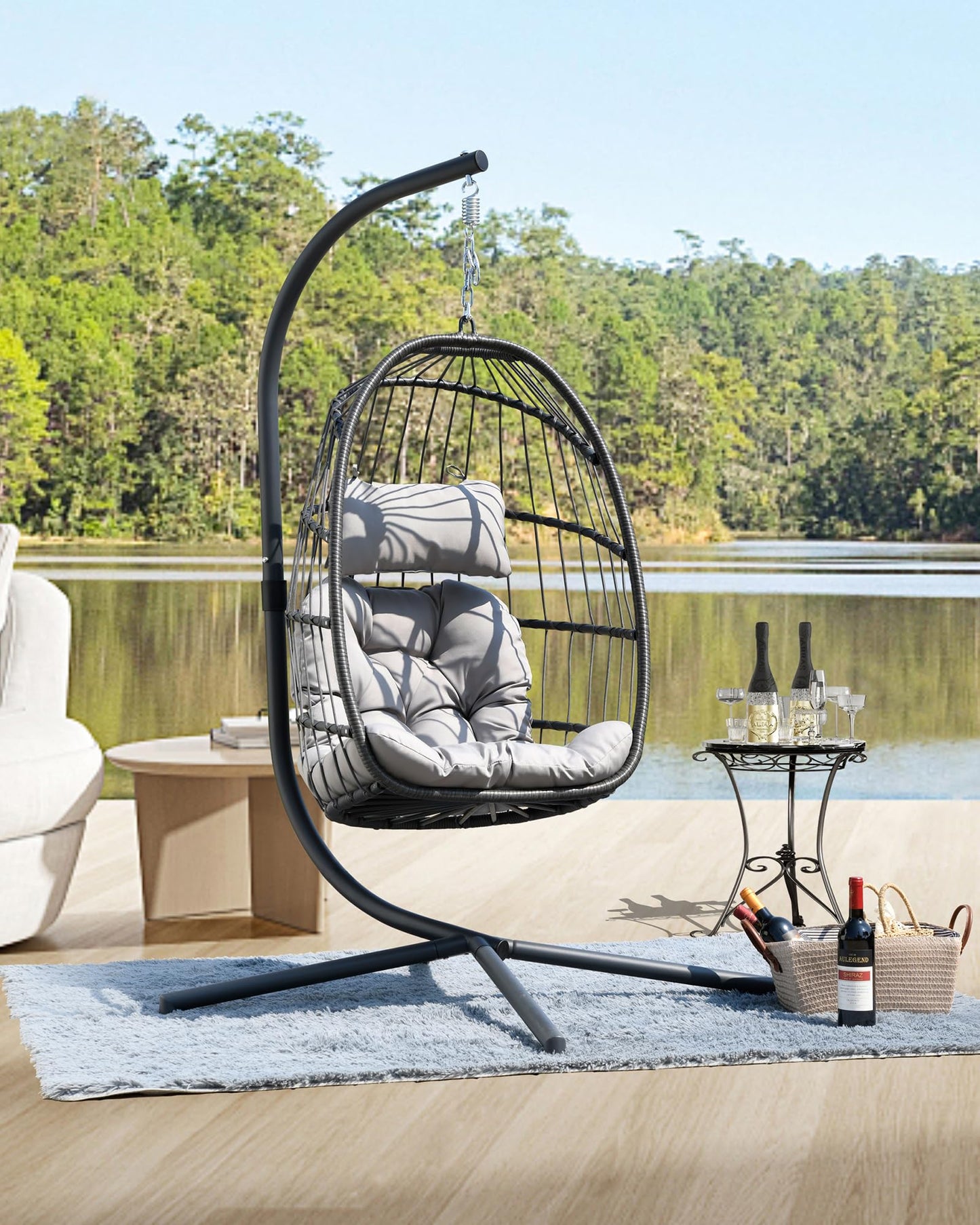 HWB Hanging Egg Chair with Stand, Patio Wicker Hammock Egg Swing Chair with Cushion for Bedroom Garden Indoor Outdoor (Grey)