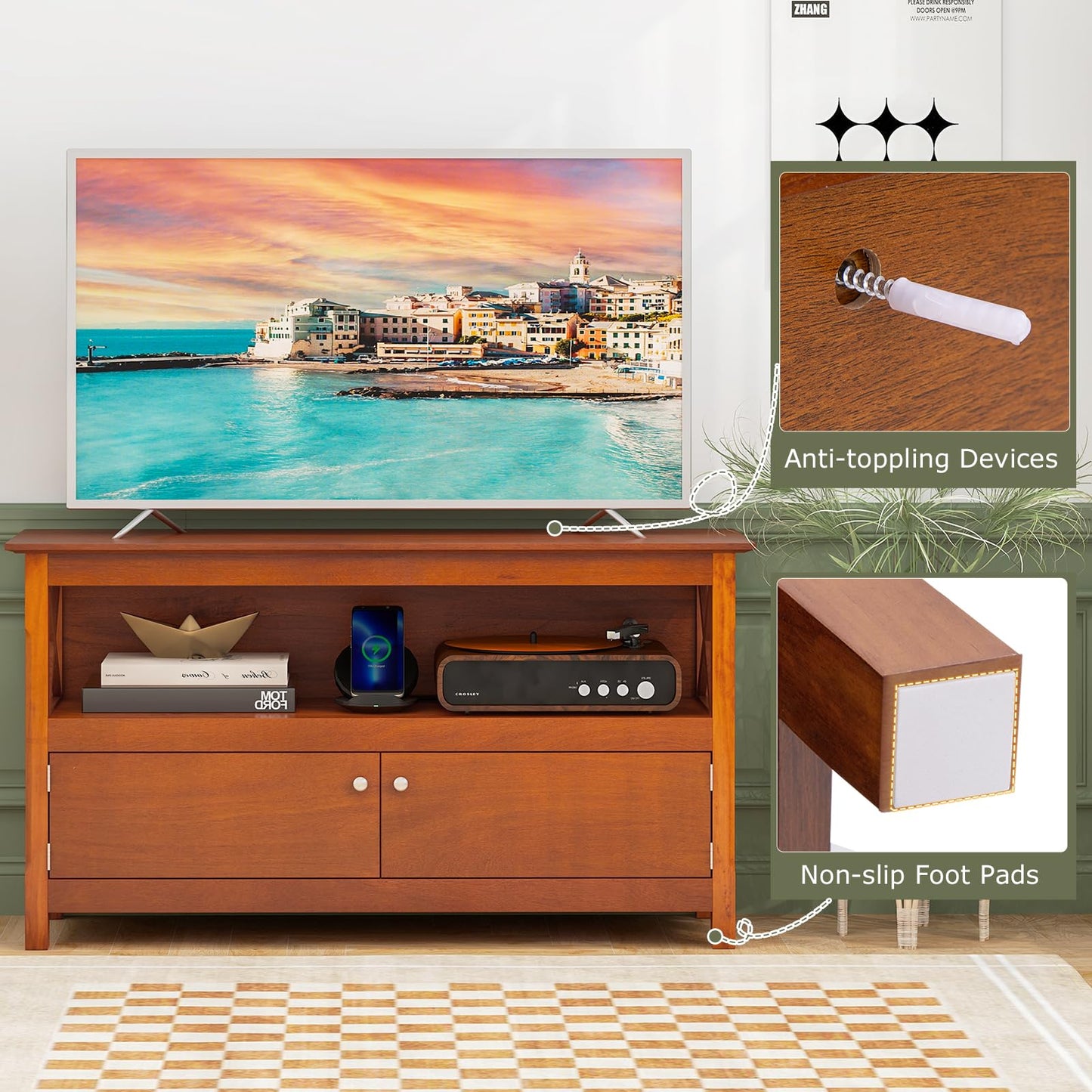 Tangkula Wooden TV Stand for TVs Up to 50 Inch, X Shape Console Storage Cabinet, Entertainment Center with 2 Doors & Shelf, Home Living Room Furniture, Farmhouse TV Storage Console (Coffee)