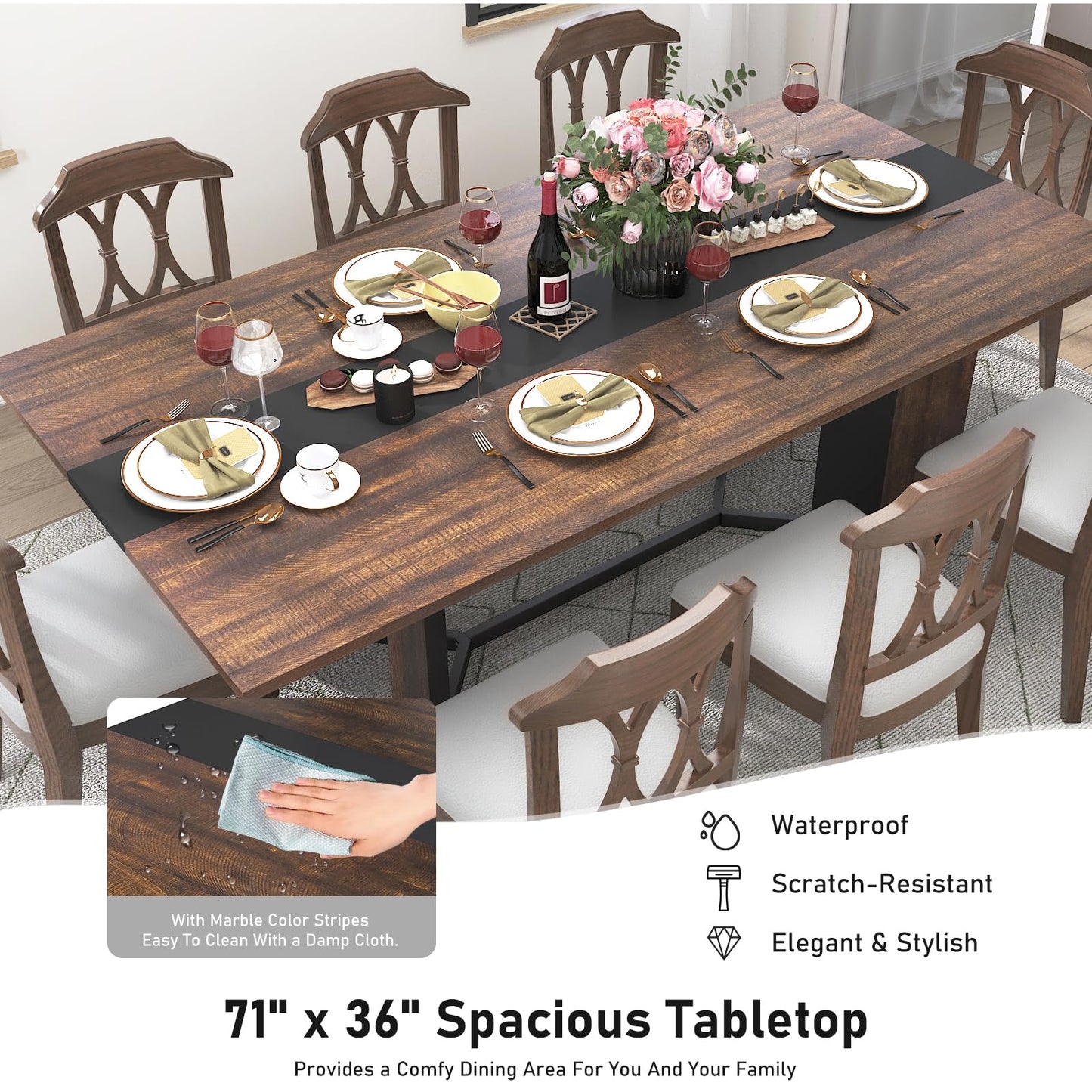 Hlivelood 71In Large Rectangular Dining Table for 4 5 6 7 8 People w/35 Marble-Color Wood Watrproof Brown Tabletop,Adjustable Leg.6ft Luxurious Family Dinner Table for Office Kitchen Living Room