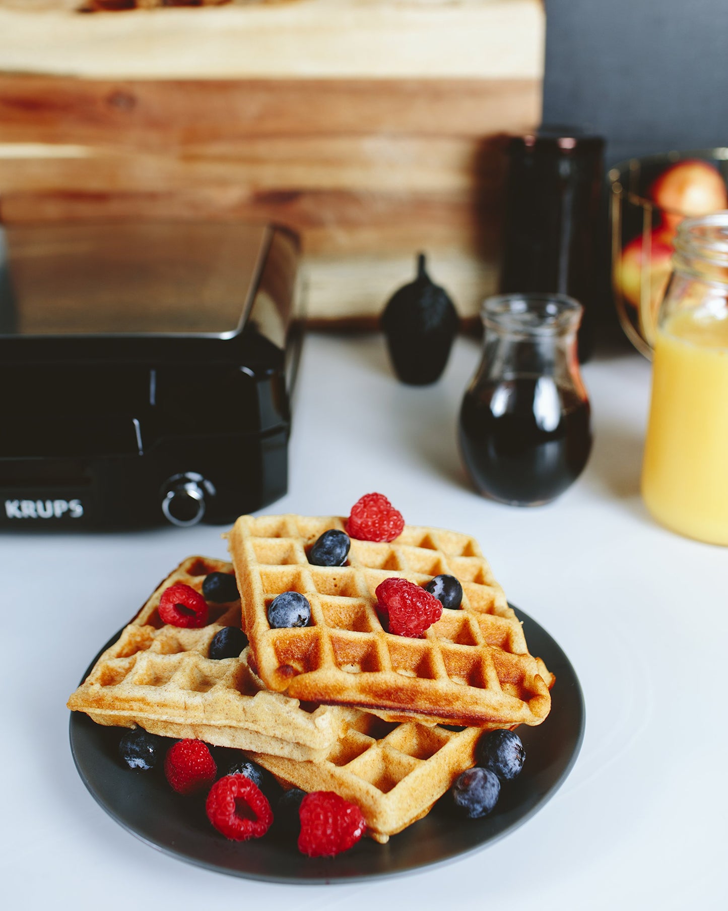 Krups Breakfast Set Stainless Steel Waffle Maker 4 Slices Audible "Ready" Beep, 1200 Watts Square, 5 Browning Levels, Removable Plates, Dishwasher Safe, Belgian Waffle Silver and Black