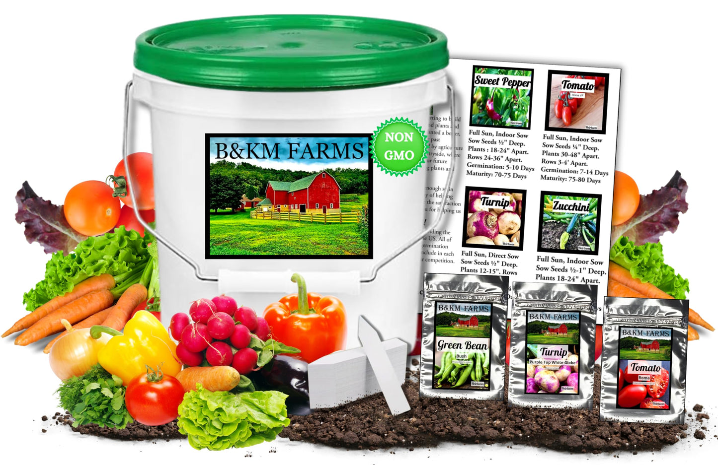 B&KM Farms 30,000 Survival Seed Kit 5+ Year Supply. 50 Fruit & Vegetable Non-GMO Heirloom Seeds for Planting a Home Garden. 100% Secure: Emergency Weather-Proof Bucket