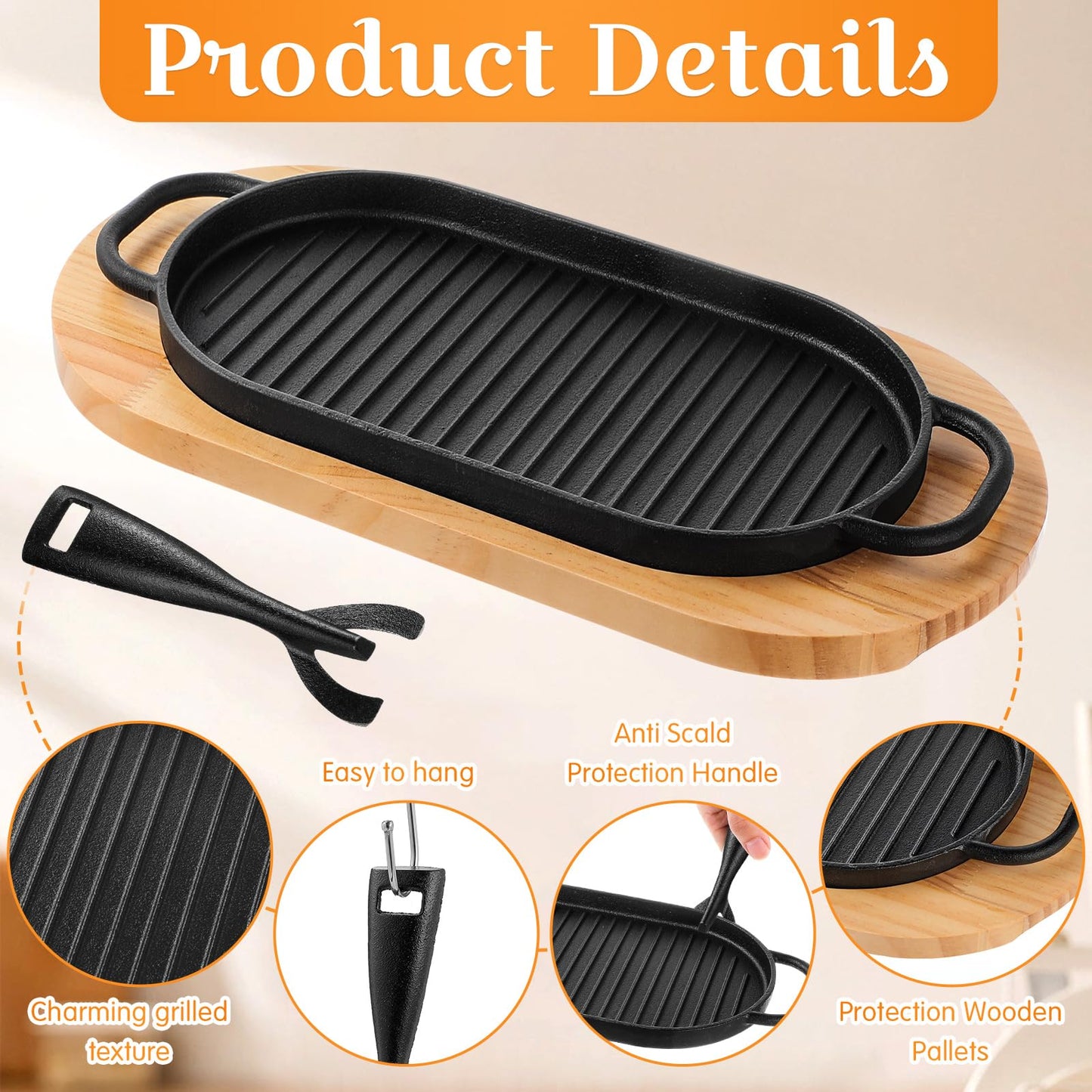 Yiyiring 4 Pcs Cast Iron Fajita Skillet Pan Set Sizzling Steak Plate with Wooden Base and Removable Handle Cast Iron Grill Frying Pan for Home Restaurant Kitchen Cooking (12 x 6.3 Inch)