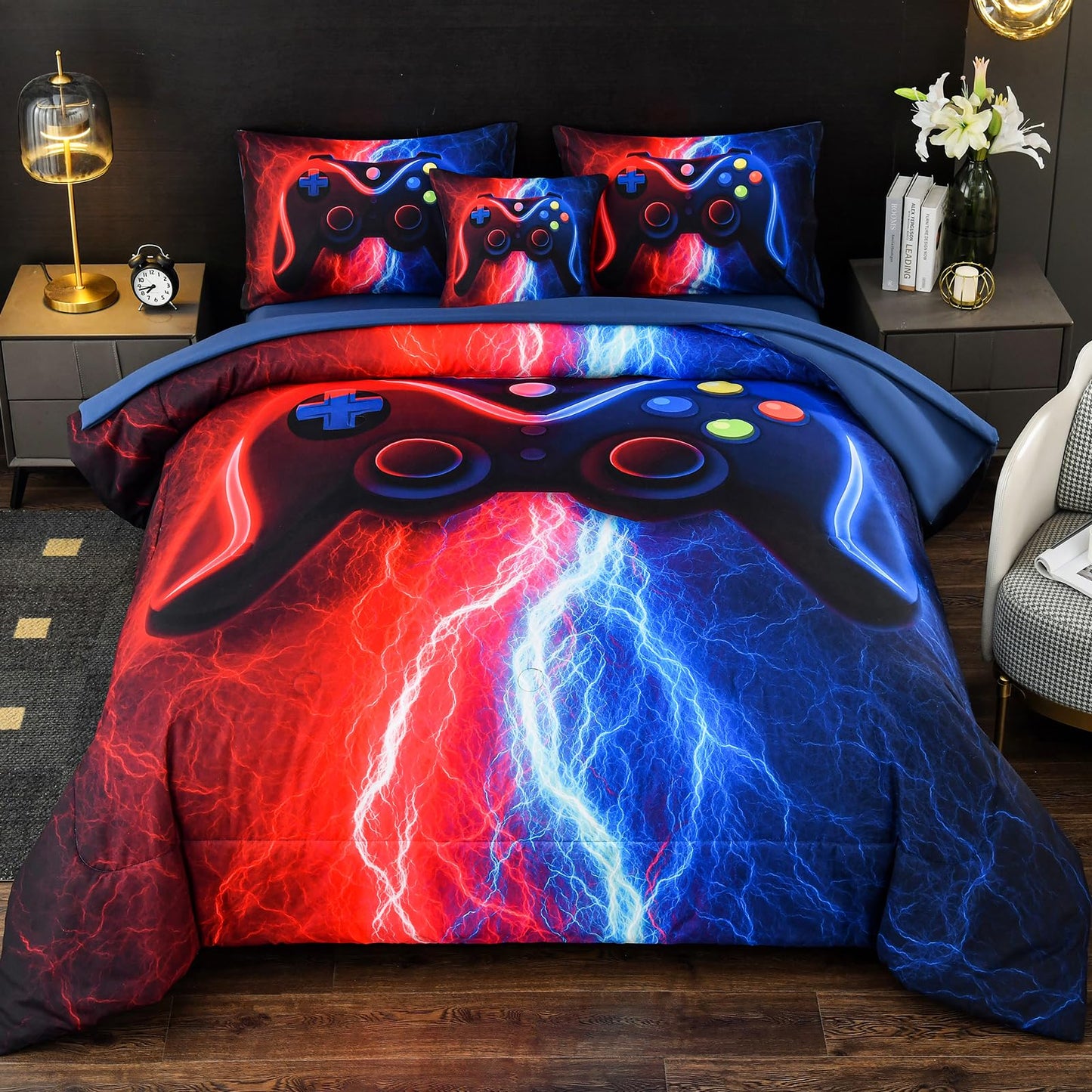 DORCAS Gamer Comforter Sets with Sheets for Boys,Twin Size Gamer Bedding Sets Boys,6 Pieces Lightning Gaming Comforter Set for Boys Kids Teens (Red&Blue, Twin)