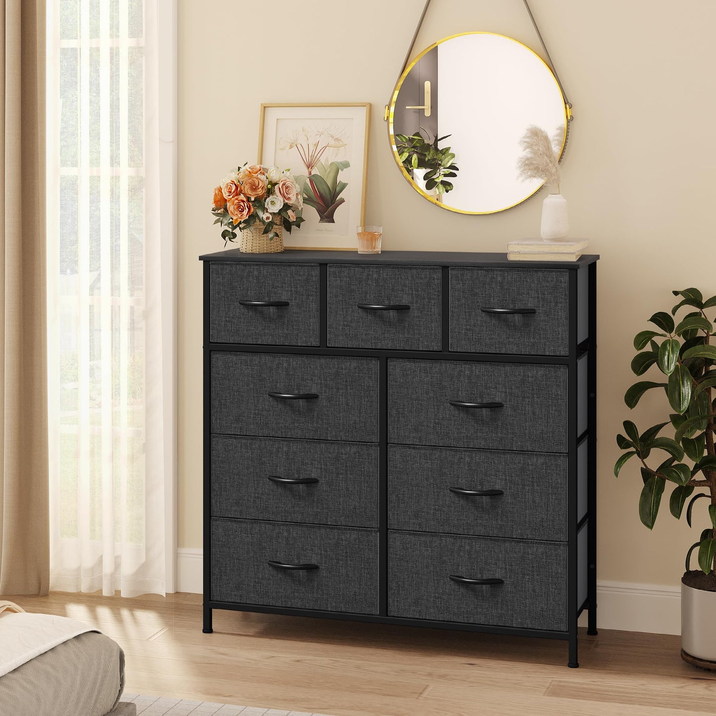 YITAHOME Dresser with 9 Drawers - Fabric Storage Tower, Tall Chest Organizer Unit for Living Room, Entryway with Sturdy Steel Frame, Wooden Top, Black Grey