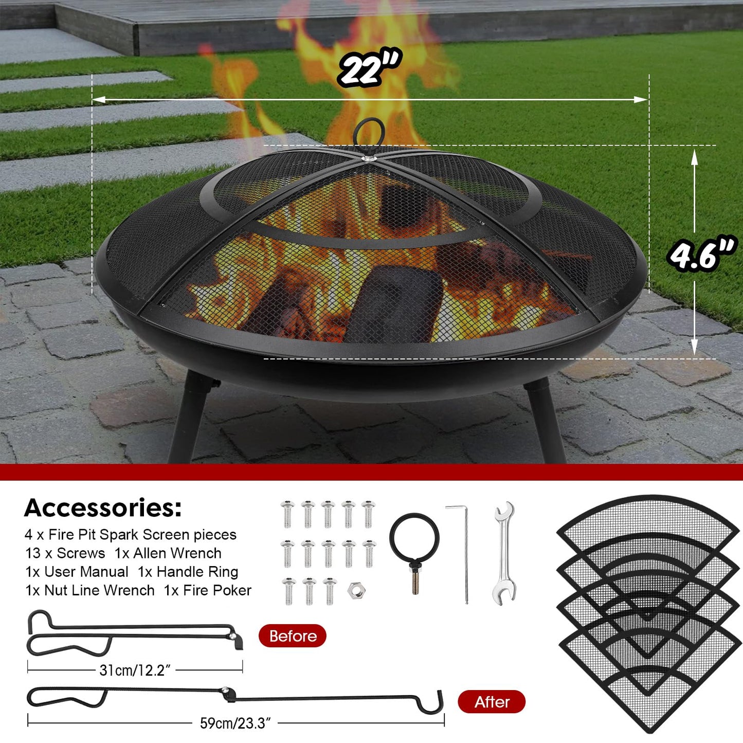 Fire Pit Spark Screen,22Inch Fire Pit Screen Cover Outdoor with Handle&Poker,Firepit Screens Round Cover Mesh Replacement Heavy-Duty Steel Fire Pit Covert for Backyard/Beach/RV Camping