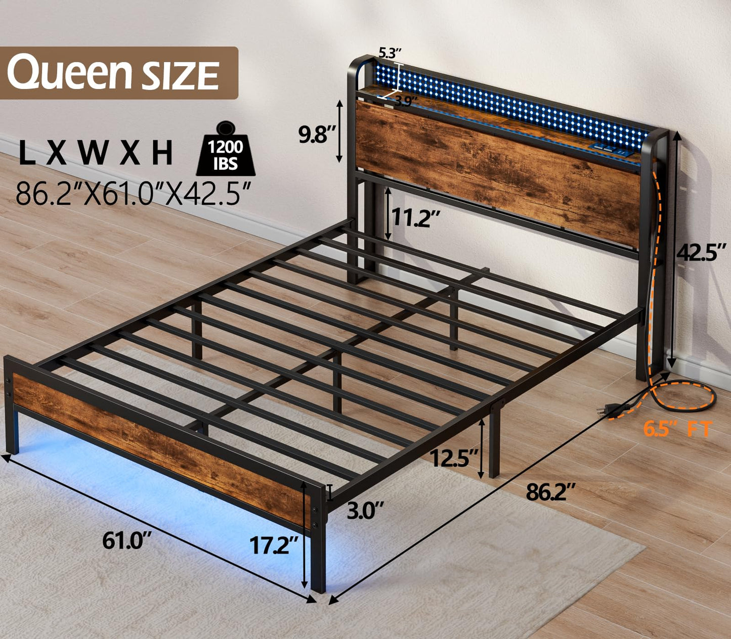 Furnulem Platform Queen Bed Frame with RGB LED Lights,Industrial Storage Headboard with Power Outlet and USB Port,Rustic Wood and Strong Metal Support,No Box Spring Needed, Noise Free