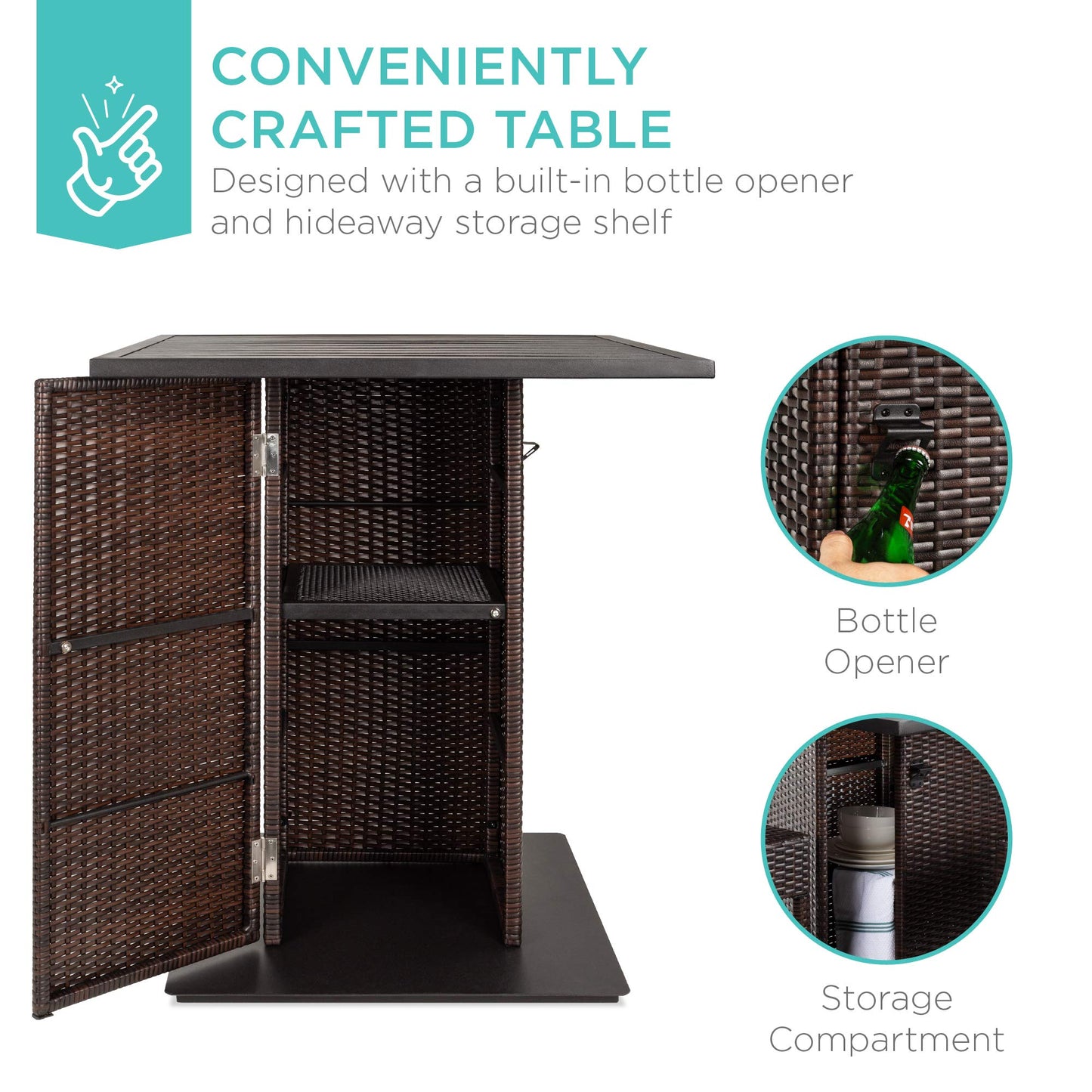 Best Choice Products 5-Piece Outdoor Wicker Bar Table Set for Patio, Poolside, Backyard w/Built-in Bottle Opener, Hidden Storage Shelf, Metal Tabletop, 4 Stools - Brown