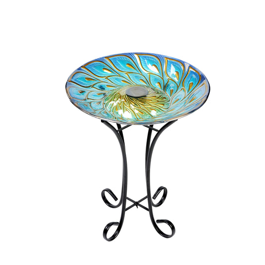 Hi-Line Gift 78415-E Solar Glass Peacock Feathers Bird Bath with Stand,Blue/Gold