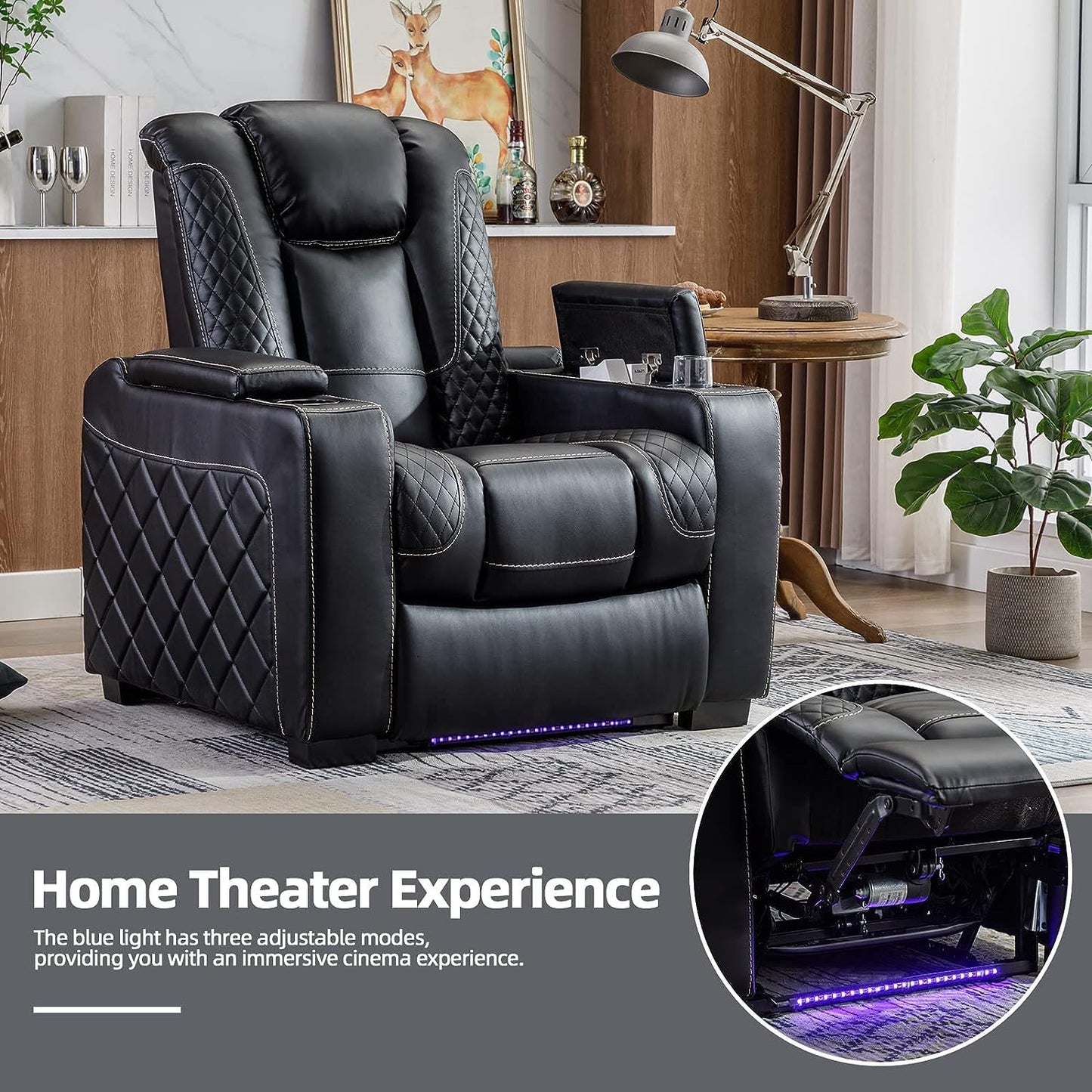 CANMOV Electric Power Recliner Chair with Ambient Lighting, Faux Leather Dual Motor Power Home Theater Seating with Adjustable Headrest, Hidden Arm Storage,Cup Holders,USB Ports (Single, Black)