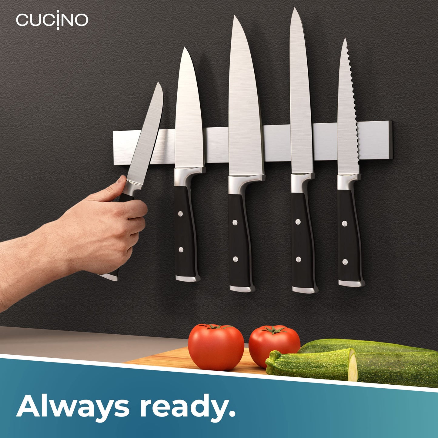 CUCINO Magnetic Knife Holder for Wall 16" No Drilling incl. Self Adhesive Tape - Extra strong Knife Holder - Awarded Knife Magnetic Strip - Made of Stainless Steel