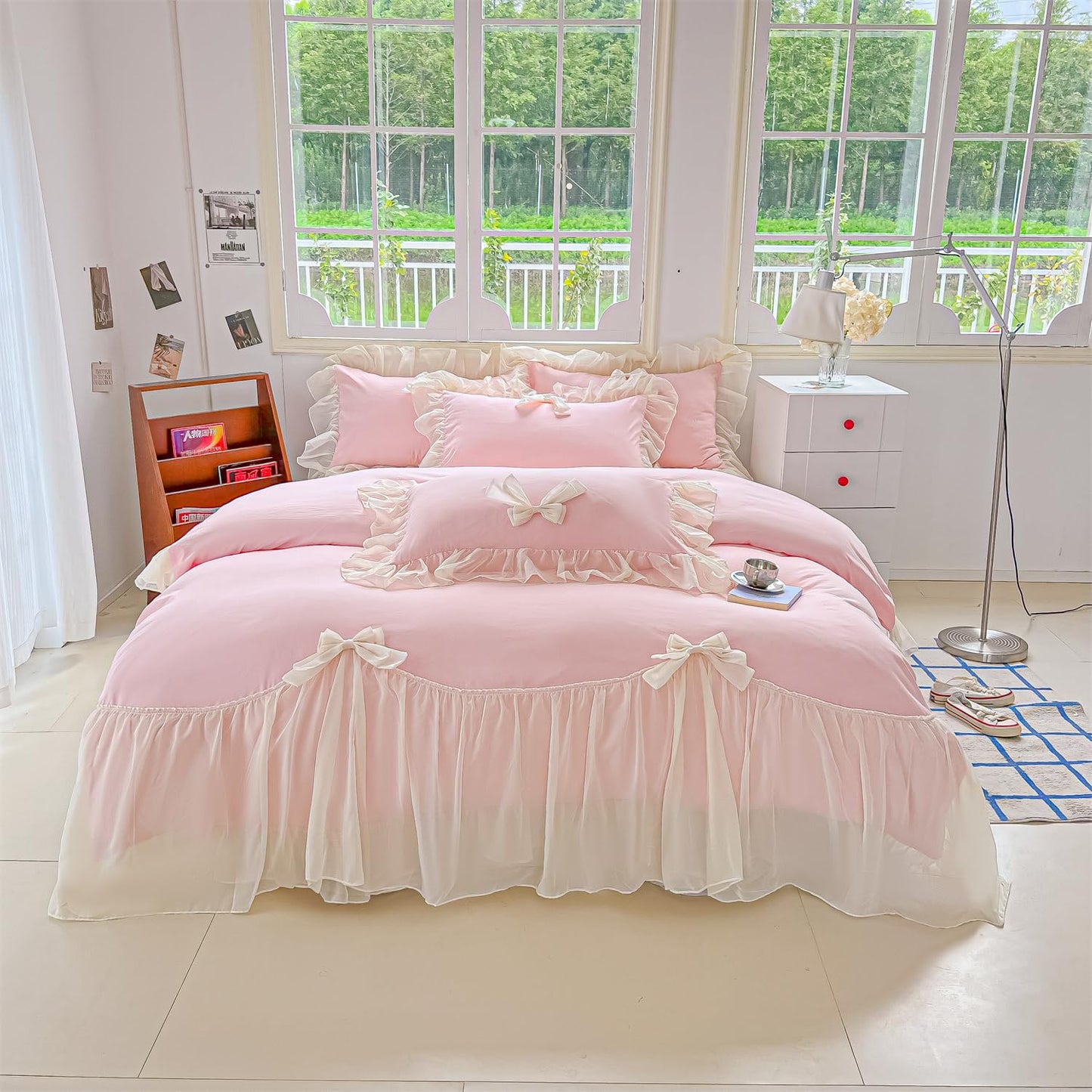 SOUKECHY Girls Lace Bedding,Pink Full Comforter Cover Set, Chic Ruffled Duvet Cover with Lovely Bow,Princess Style 1 Duvet Cover with 2 Pillowcases, No Comforter-Pink,Full Size