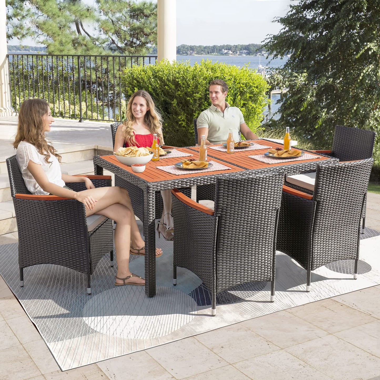 Flamaker 7 Piece Patio Dining Set Outdoor Acacia Wood Table and Chairs with Soft Cushions Wicker Patio Furniture for Deck, Backyard, Garden