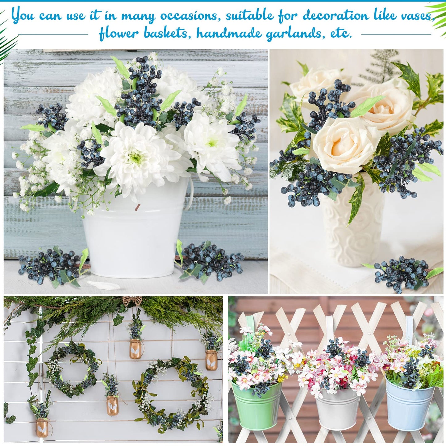 Yunsailing 30 Pcs Artificial Flowers Bulk, Faux Berry Stems Picks with Green Leaves,9.8 Inch Short Branch Artificial Flowers for Home Kitchen Wedding DIY Bridal Bouquet Party Decoration(Blue)