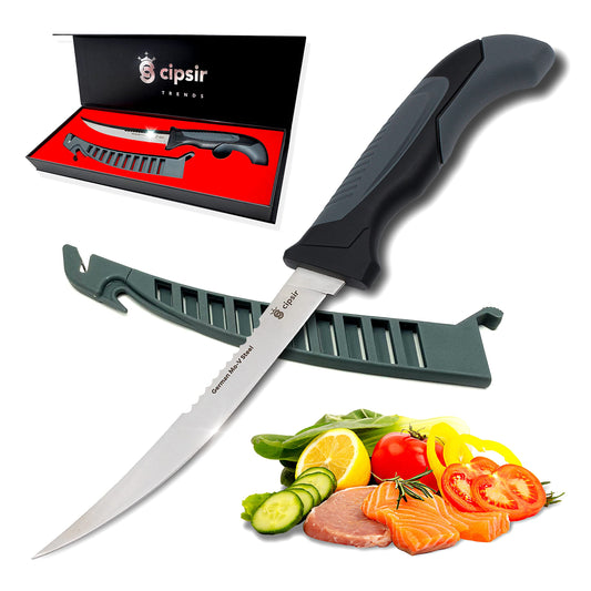 Cipsir Fillet Knife For Fish and Meat - Curved Salty Water-Resistant Made of German Steel 7 inch Blade with Sheath, Sharpener and Gift Box, Ideal for Filleting and Deboning Indoor or Outdoor