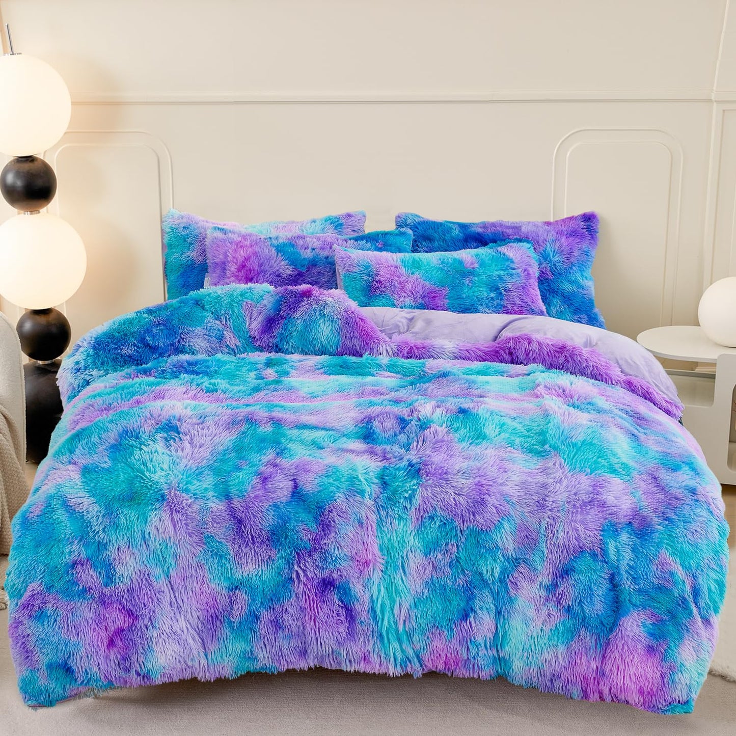 SUCSES Blue Purple Fluffy Twin Bedding Sets for Girls 3Pcs Faux Fur Plush Shaggy Kids Duvet Cover Set Twin Size Tie Dye Velvet Furry Comforter Cover Set (Blue Purple, Twin)