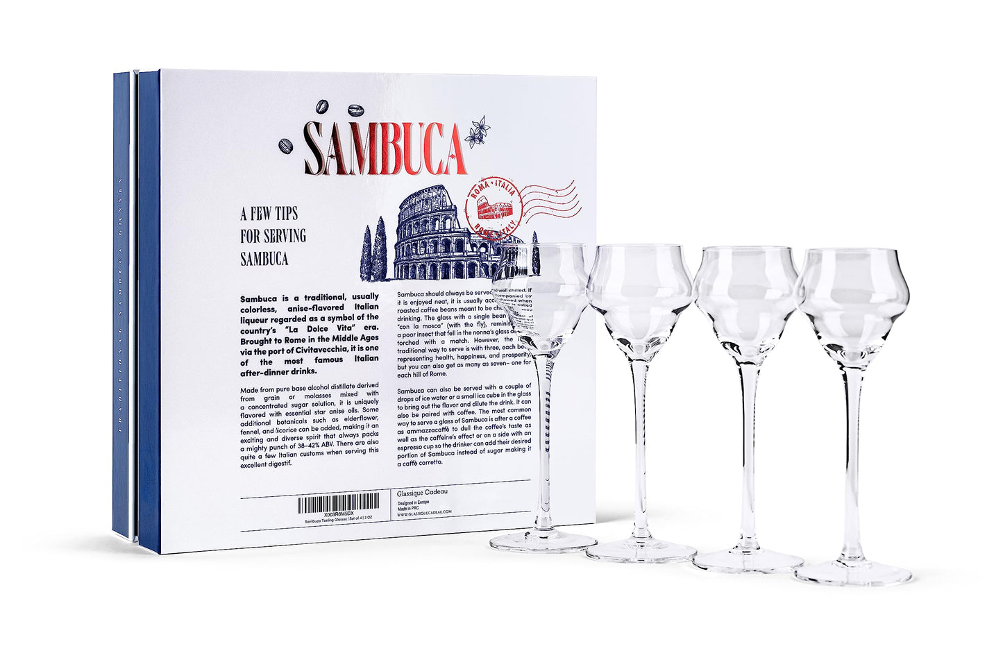 GLASSIQUE CADEAU Crystal Sambuca, Cordial, Digestive Glasses with Long Stem for Sipping After Dinner Drinks | Set of 4 | 3 oz Tall Stemmed Liquor Glassware for Aperitif, Amaro, Liqueur, Spirits