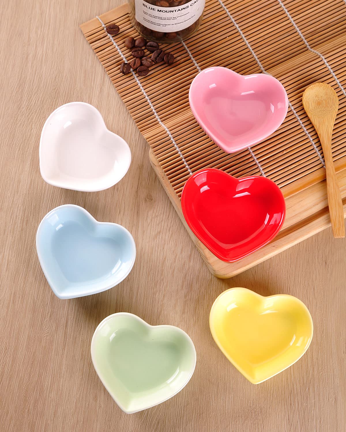 WHJY Pink Love Heart Shaped Ceramic Side Dish Bowl, Contemporary Porcelain Side Dishes Bowl, Seasoning Dishes Soy Dipping Sauce Dishes for Wedding Birthday Party- Set of 6