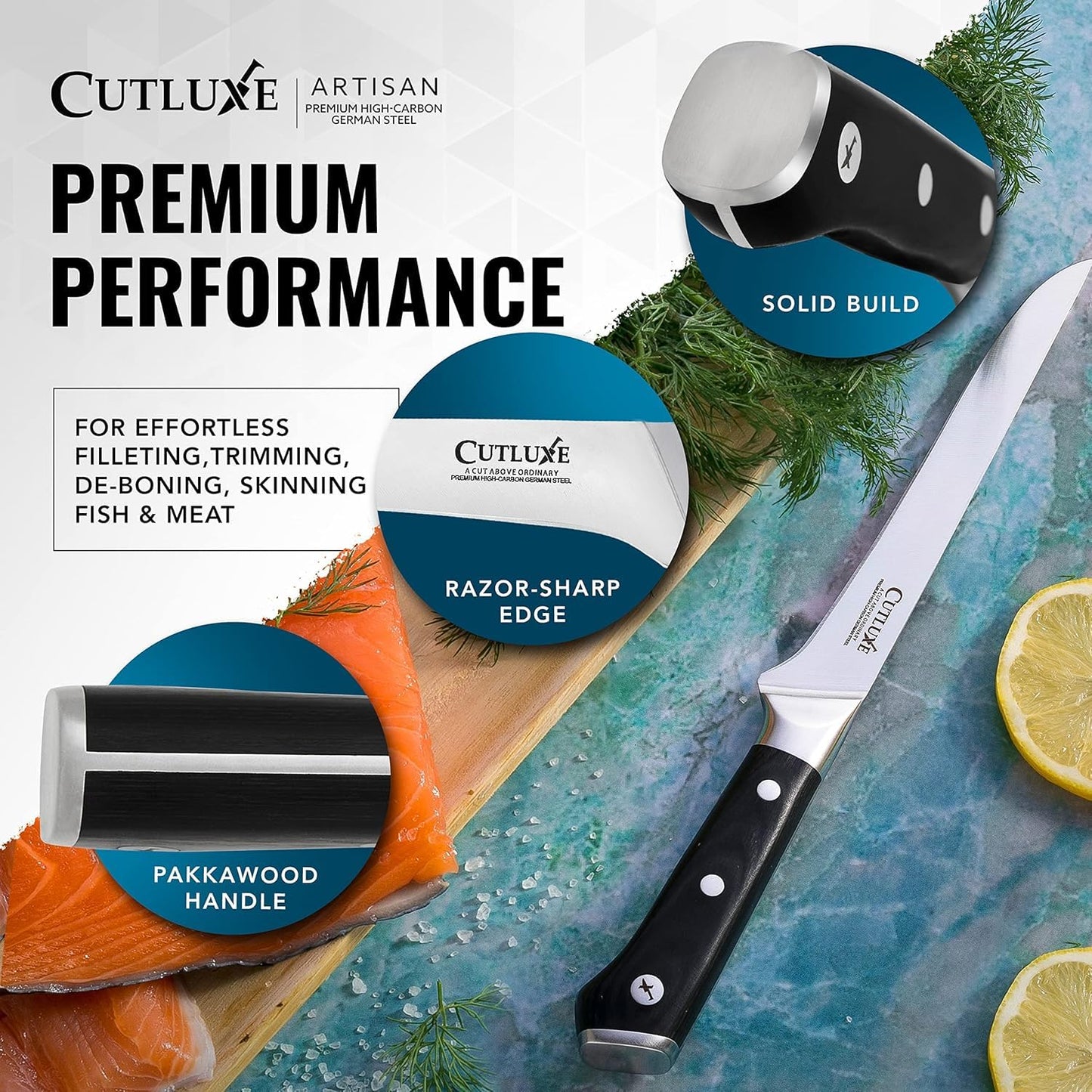 Cutluxe Boning & Fillet Knife – 6" Deboning Knife, Perfect for Meat Trimming – Razor Sharp Blade from High Carbon German Steel – Full Tang & Ergonomic Handle, Grilling Gifts for Men – Artisan Series