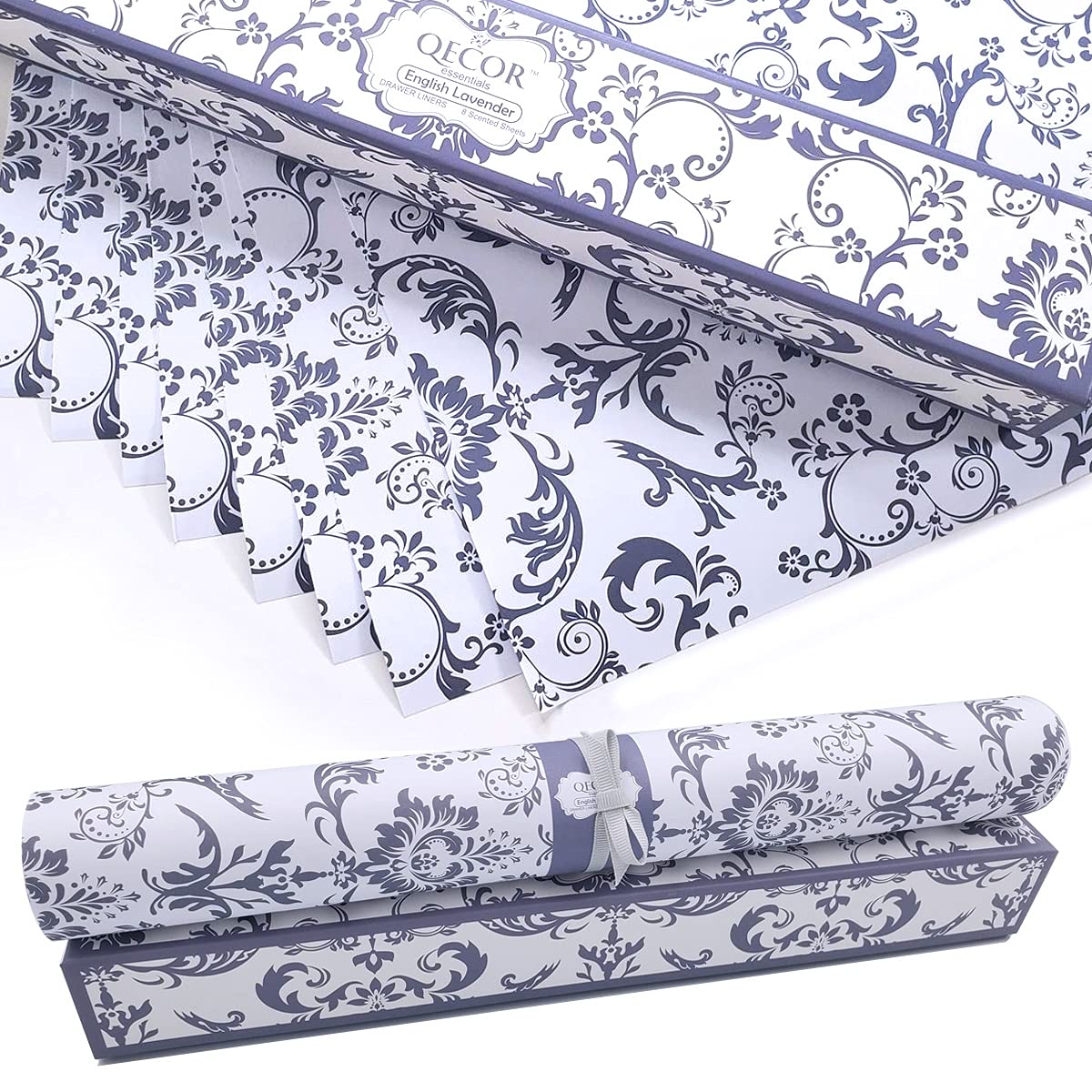 QECOR Eight (8) Large Scented Drawer and Shelf Liners - Royal Damask Pattern - 14 x 19½ Inch Sheets - Non-Adhesive Paper Sheets for Closet Shelves and Dresser Drawers (English Lavender)