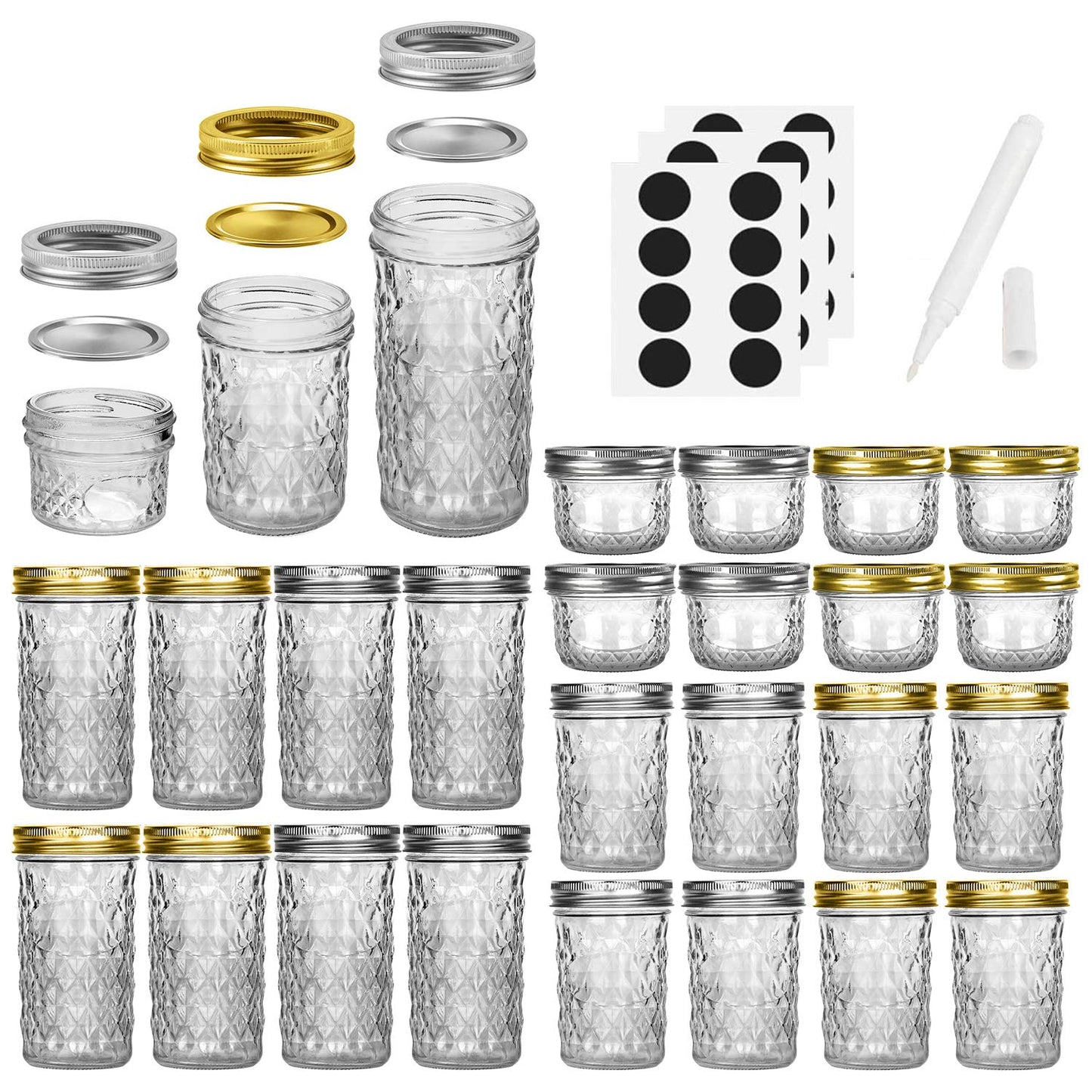 Mason Jars Canning Jars, 24 Pack Jelly Jars With Regular Lids, Ideal for Jam, Honey, Wedding / Shower Favors, DIY Magnetic Spice Jars - 4 OZ x 8, 8 OZ x 8, 12 OZ x 8 (4oz -8oz-12oz)