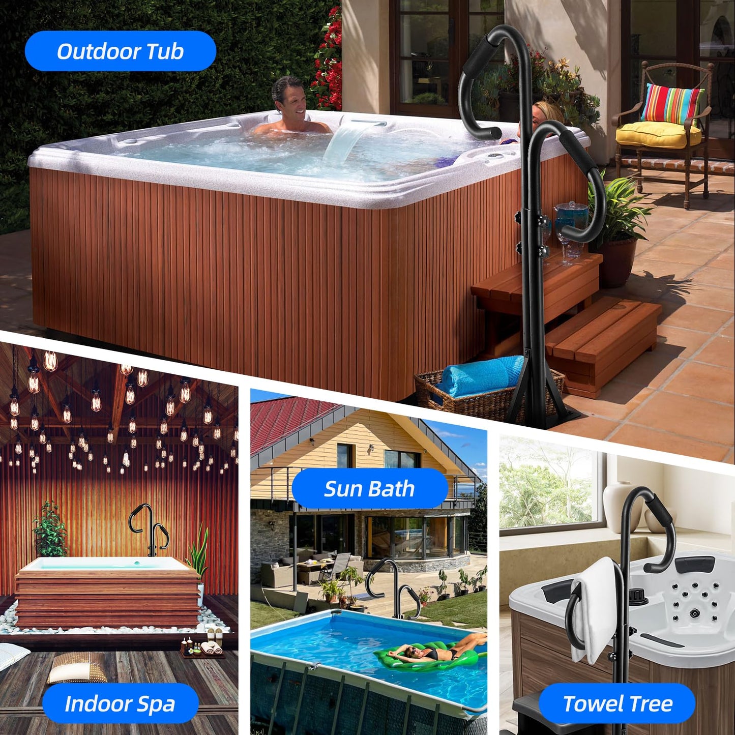 Hot Tub Handrails, Adjustable 45-53" Height with 360 Swivel, SPA Safety Railing,Inside and Outside Two-Way handrails, Indoor/Outdoor, Black Patent Pending