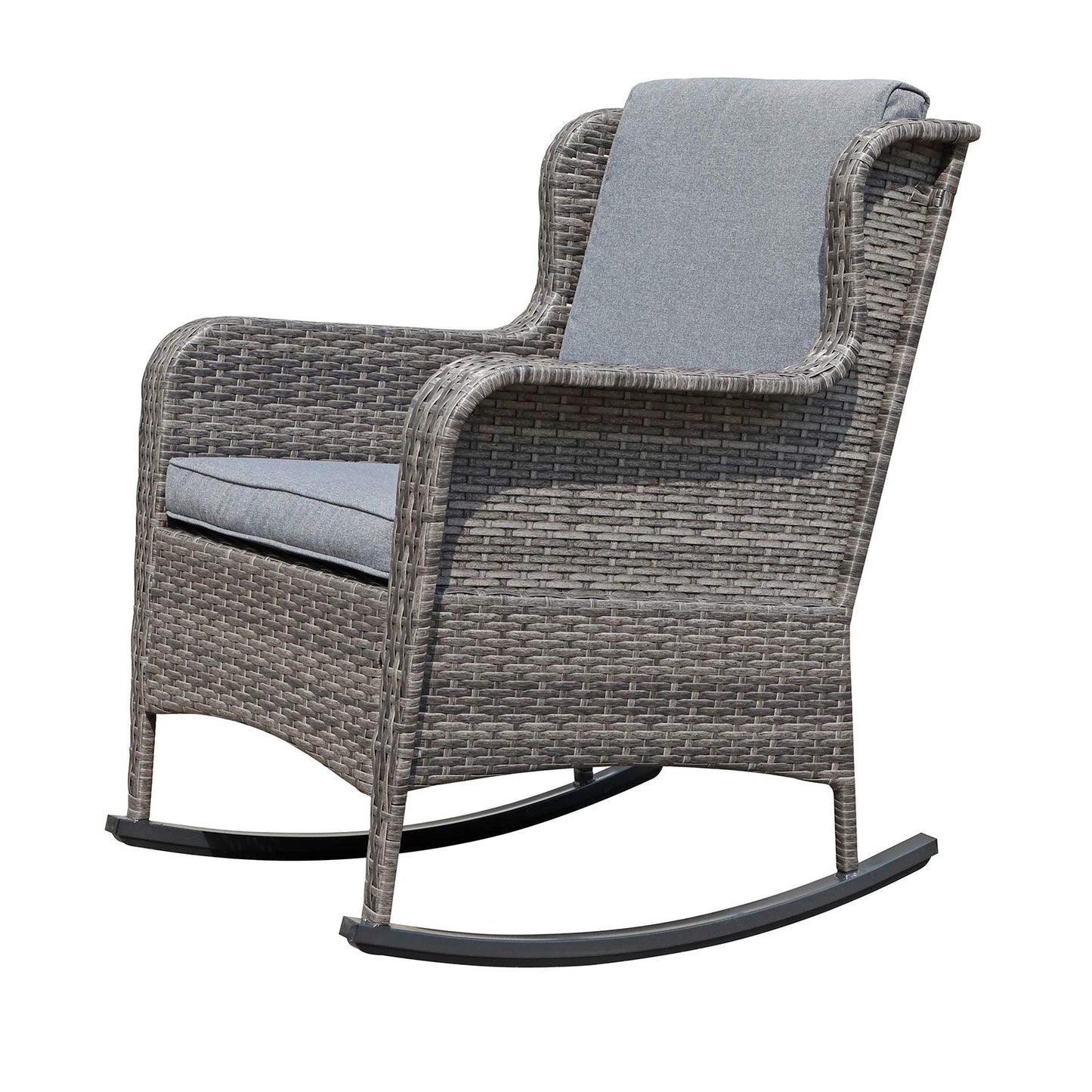 Soleil Jardin Outdoor Resin Wicker Rocking Chair with Cushions, Patio Yard Furniture Club Rocker Chair, Gray Wicker & Gray Cushions