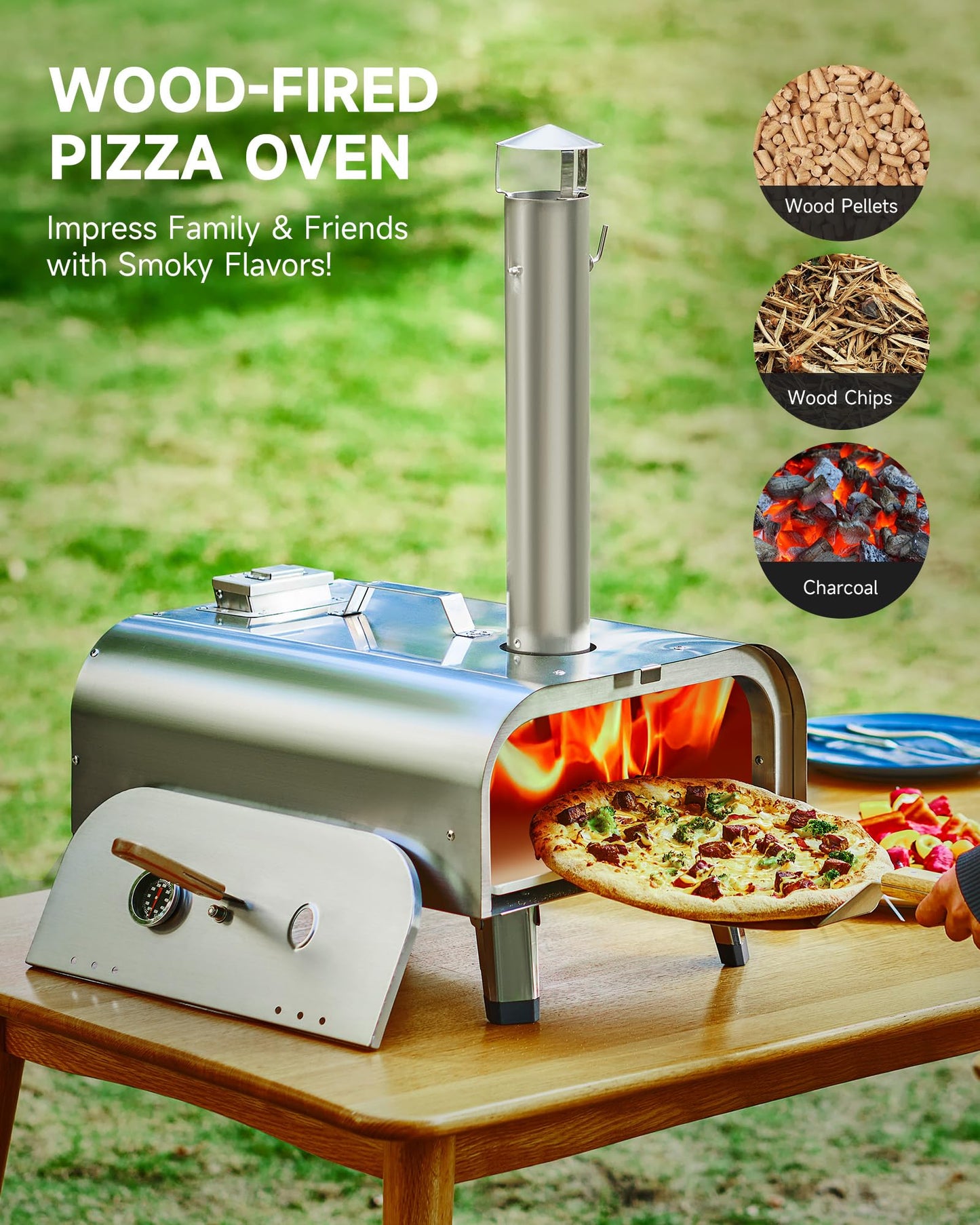 CO-Z 12 Inch Portable Pizza Stove, Camping Pizza Oven Wood Fired, Outdoor Wood Pellet Pizza Oven with Thermometer, Outside Pizza Maker Wood Burning with Pizza Stone & Peel Cutter & Storage Bag