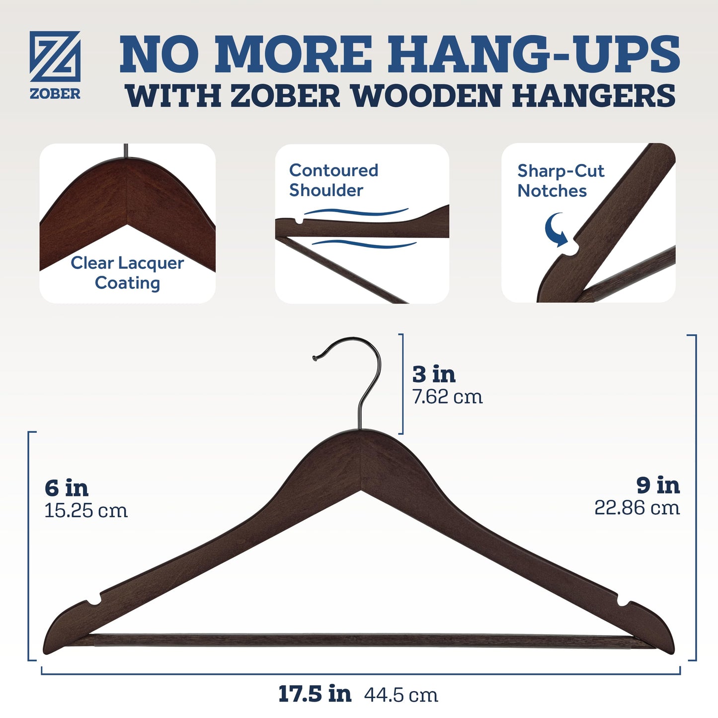 ZOBER Wooden Hangers - 20 Pack, Heavy Duty, Non Slip Wood Hangers for Coats,Suits, Jackets, & Pants - Clothes Hangers for Closet W/Bar and Notches