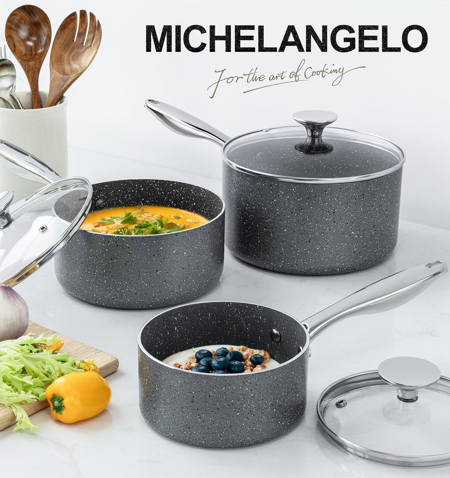 MICHELANGELO Sauce Pan with Lid, Granite Saucepans with Lids, 1Qt & 2Qt & 3Qt Sauce Pan Sets, Nonstick Saucepan Set with Stainless Steel Handle, Oven Safe, Grey