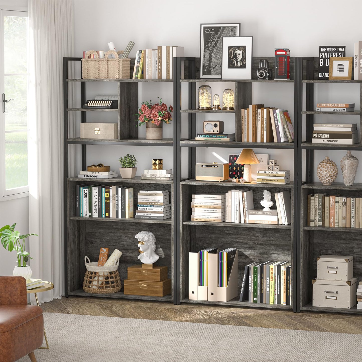 armocity Industrial Bookshelf, 6 Tier Tall Bookshelves Wood Metal Frame Standing Bookcase, Display Book Shelf with Adjustable Storage Shelves for Home Office, Living Room, Bed Room, Grey Oak