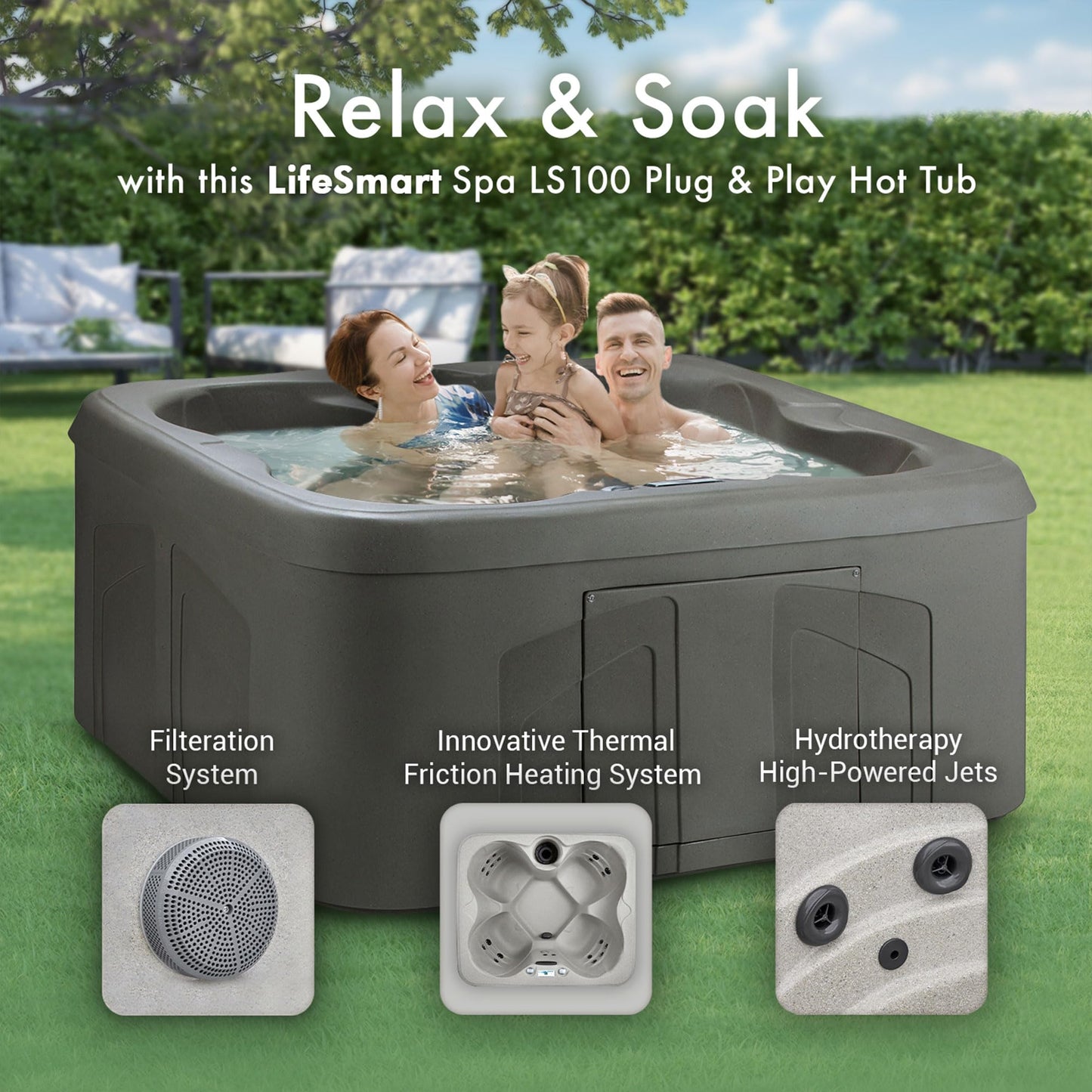 Lifesmart 4 Person Plug & Play Portable Square Outdoor Hot Tub Spa, w/ 13 Jets, Thermal Friction Heating, Cover, & Multi-Color LED Light System, Taupe