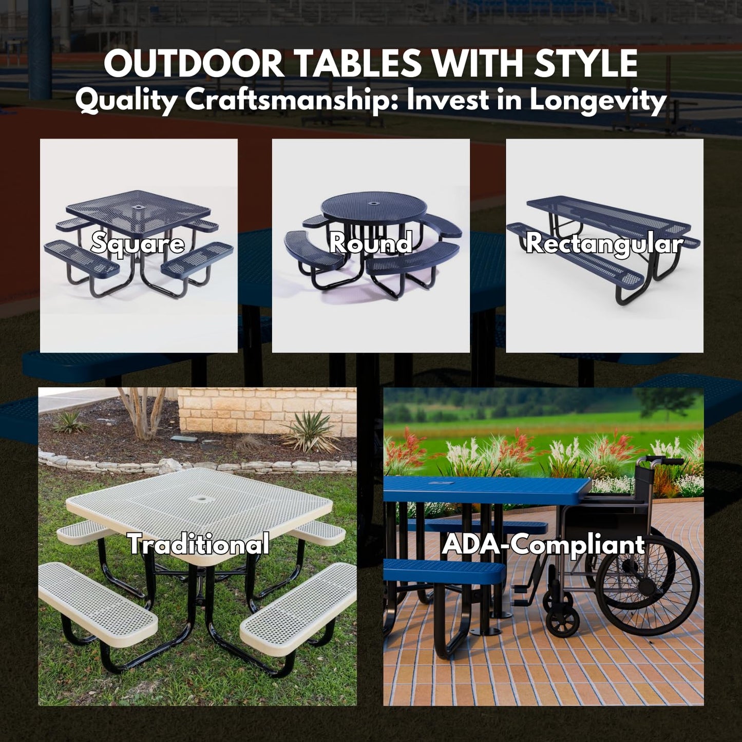 Coated Outdoor Furniture Heavy-Duty Portable Outdoor Picnic Table with Umbrella Hole, Expanded Metal Commercial-Grade Patio Dining Furniture Made in America (46" Square Top, Dark Green)