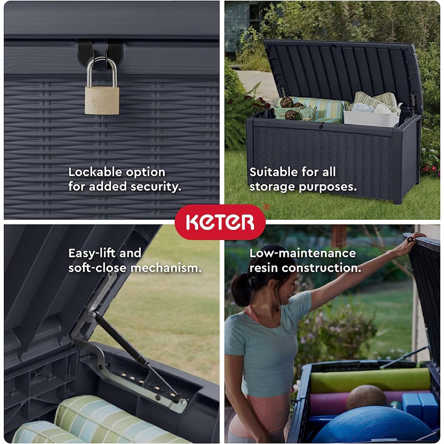 Keter Borneo 416L Storage Box, All-Weather Wicker Rattan-Style Resin Deck Box and Stylish Outdoor Bench with Piston-Assisted Lockable Lid, Light Grey