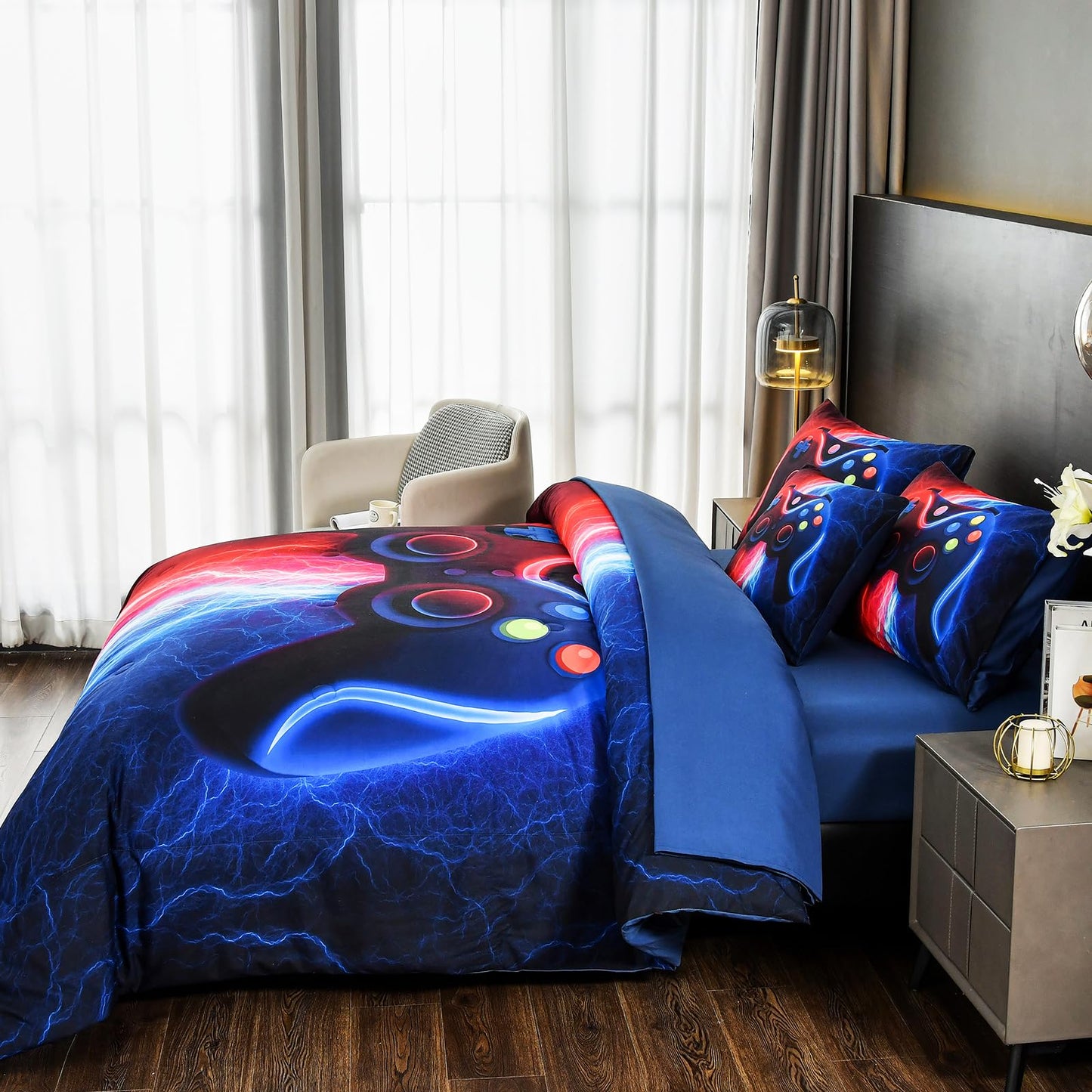 DORCAS Gamer Comforter Sets with Sheets for Boys,Twin Size Gamer Bedding Sets Boys,6 Pieces Lightning Gaming Comforter Set for Boys Kids Teens (Red&Blue, Twin)