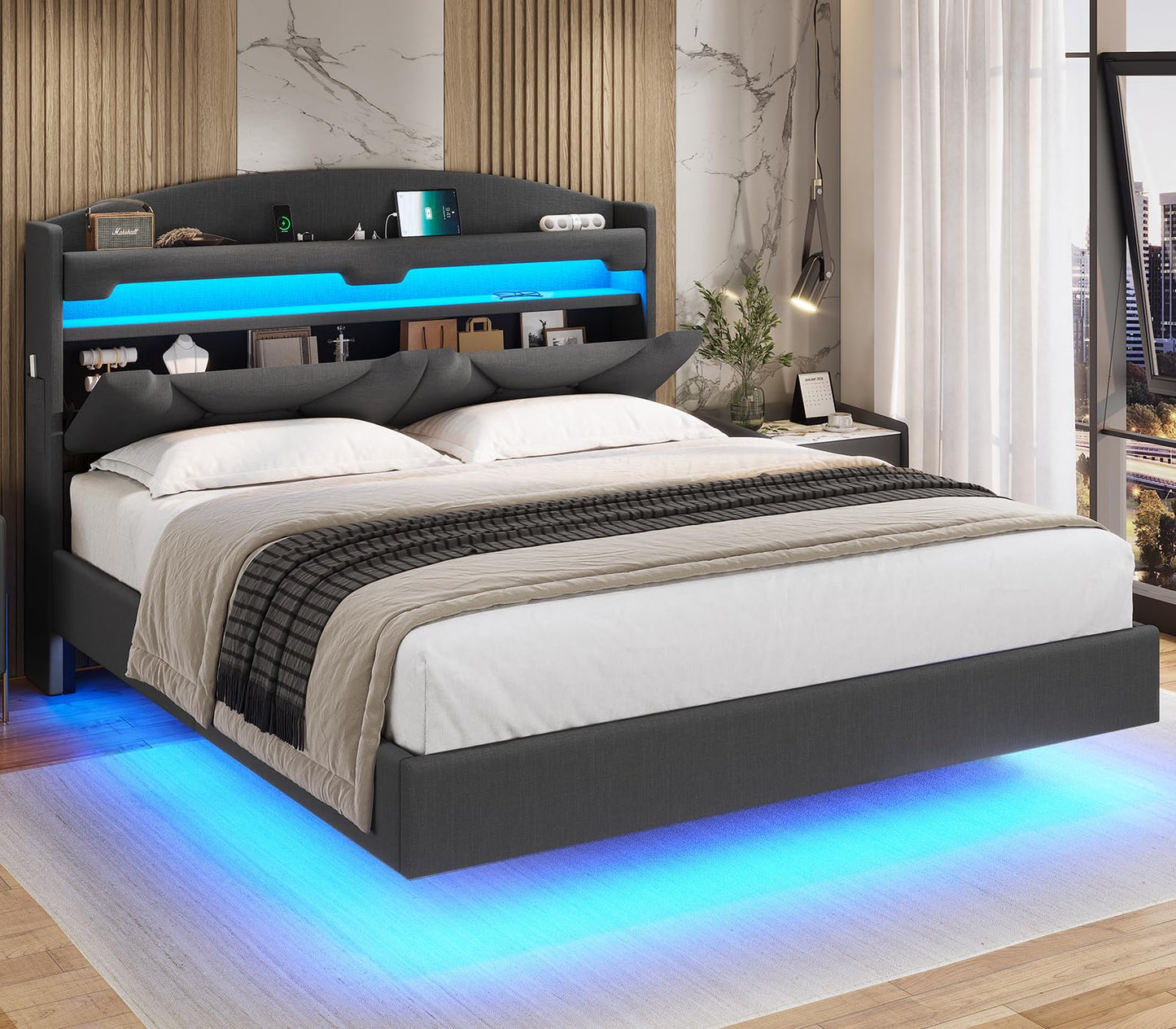 ADORNEVE Full Size Floating Bed Frame with RGB LED Lights and Charging Station, Upholstered Platform Bed Frame with Storage Shelf Headboard, Solid Wood Slats, Noise Free, Easy Assembly, Dark Grey