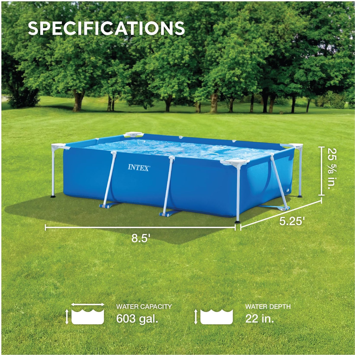 Intex 8.5ft x 26in Rectangular Frame Above Ground Quick Easy Set Up Backyard Outdoor Swimming Pool with Drain Plug for Ages 6 and Up, Blue